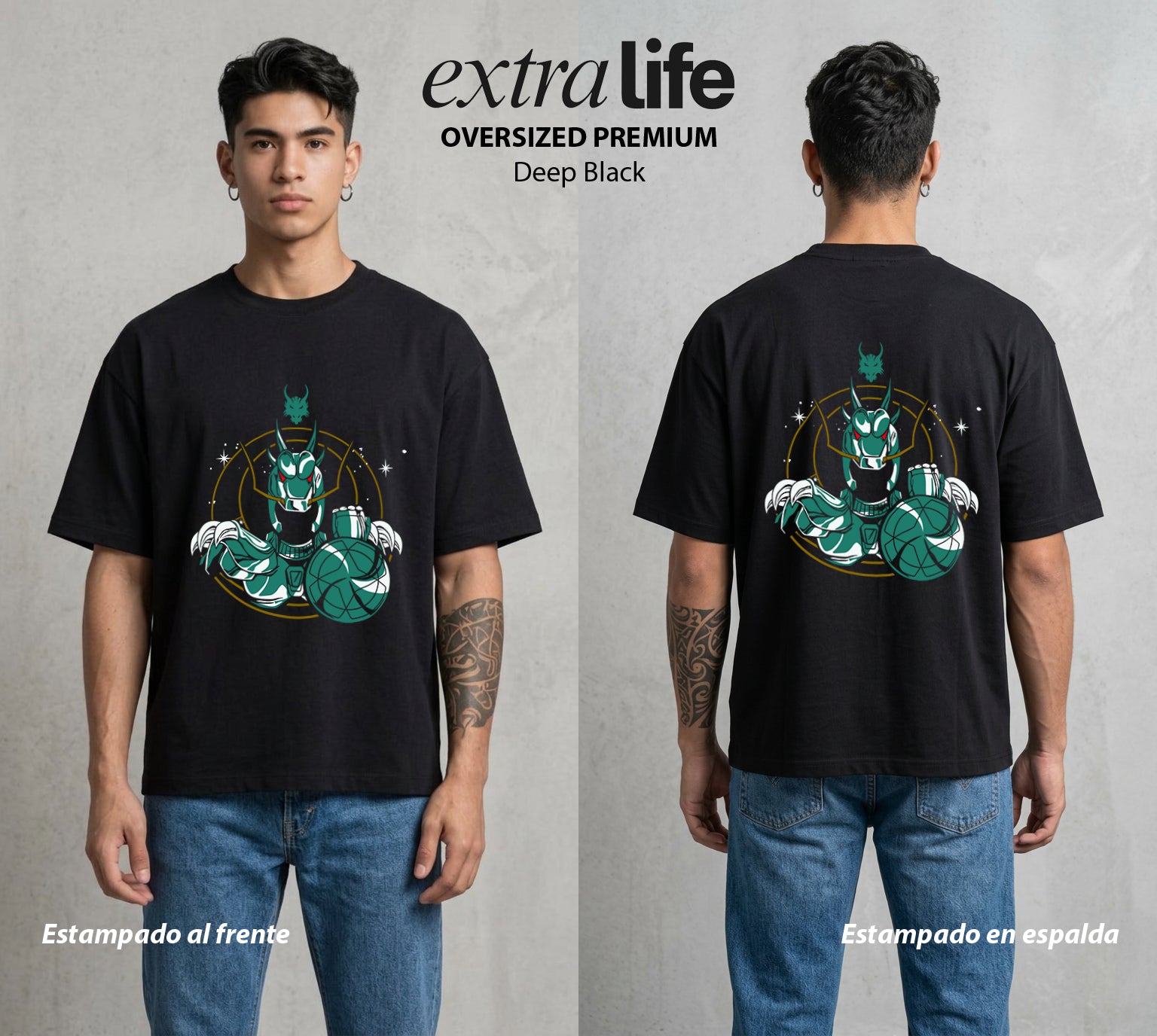 Los Caballeros del Cosmos | El Meteor del Cosmos #03814 - Playera Oversized Premium | Deep Black - Foto en modelo