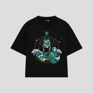 Playera streetwear premium de anime y gaming ExtraLife MX, corte boxy oversized drop shoulder heavyweight en color Deep Black y Off-White, moda urbana mexicana de culto.