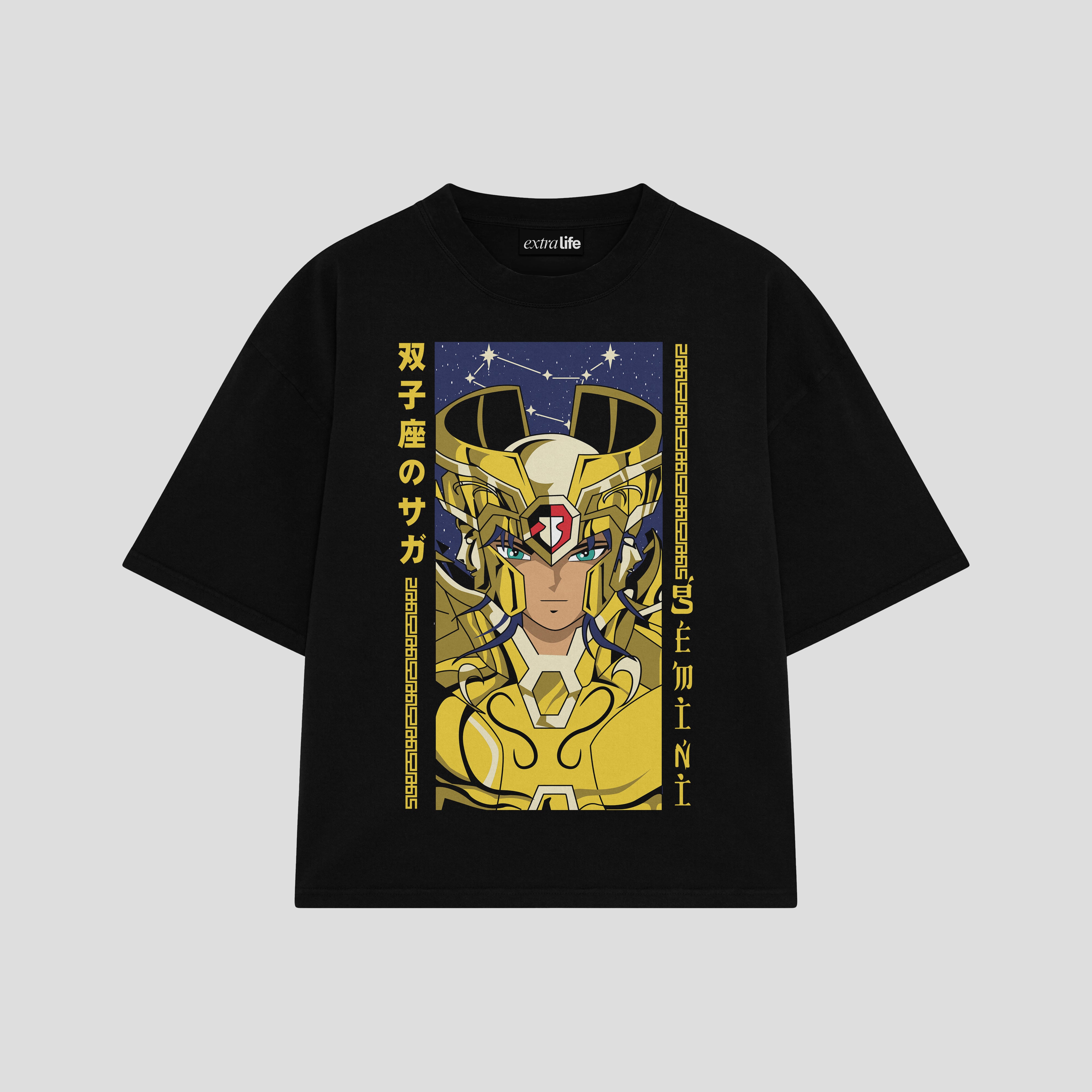 Playera streetwear premium de anime y gaming ExtraLife MX, corte boxy oversized drop shoulder heavyweight en color Deep Black y Off-White, moda urbana mexicana de culto.