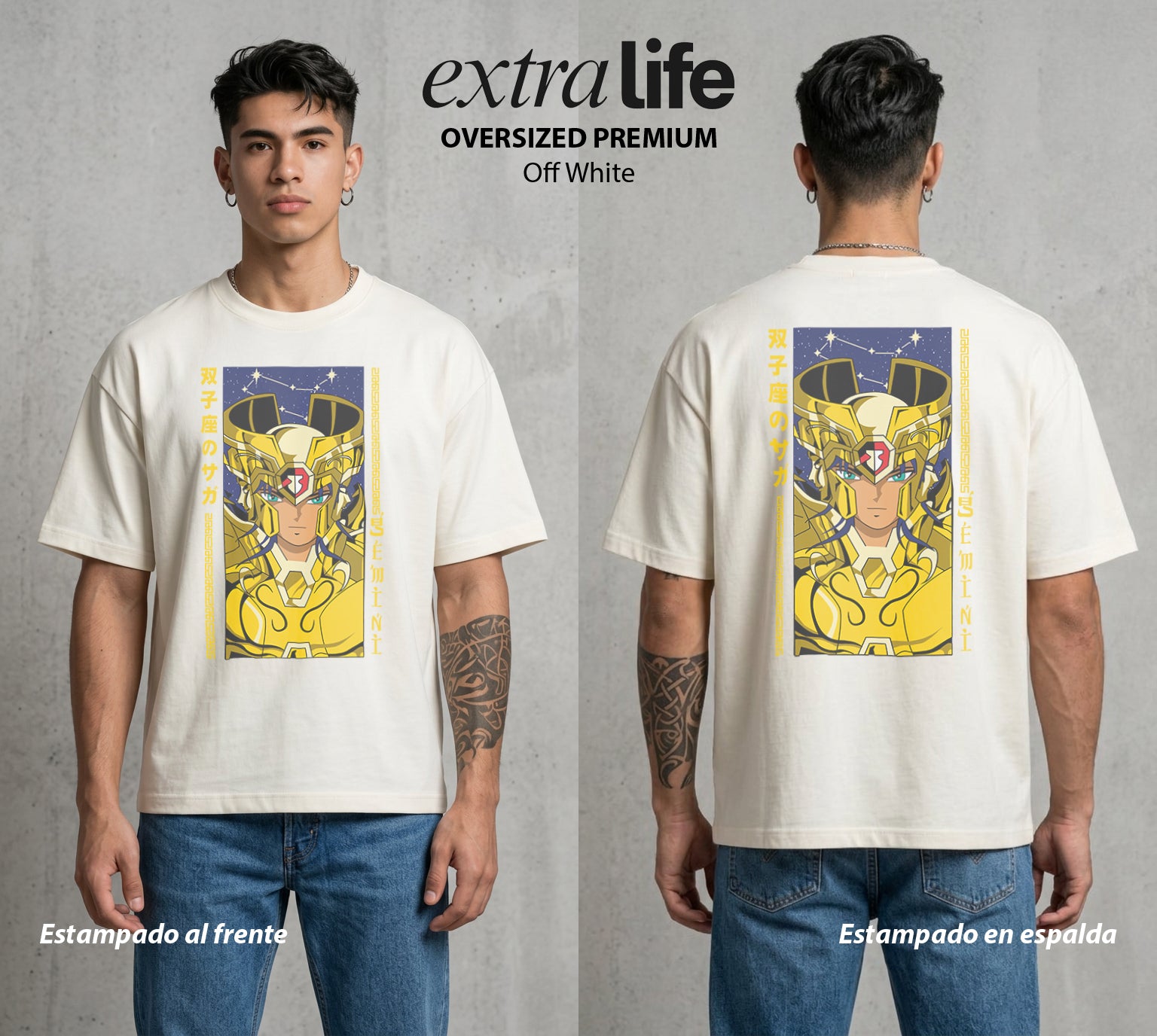 Los Caballeros del Cosmos | El Meteor del Cosmos #03817 - Playera Oversized Premium | Off White - Foto en modelo