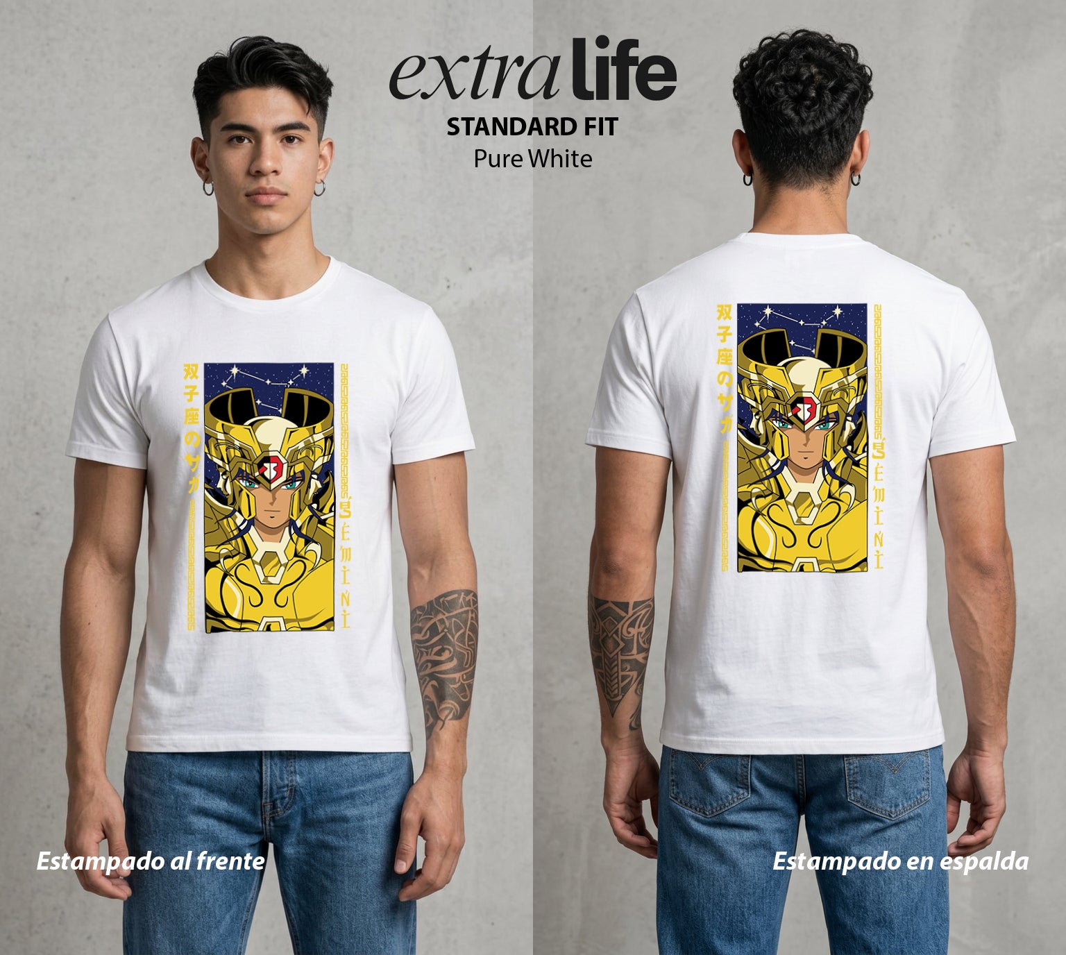 Los Caballeros del Cosmos | El Meteor del Cosmos #03817 - Playera Standard Fit | Pure White - Foto en modelo