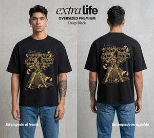 Los Caballeros del Cosmos | El Meteor del Cosmos #03818 - Playera Oversized Premium | Deep Black - Foto en modelo
