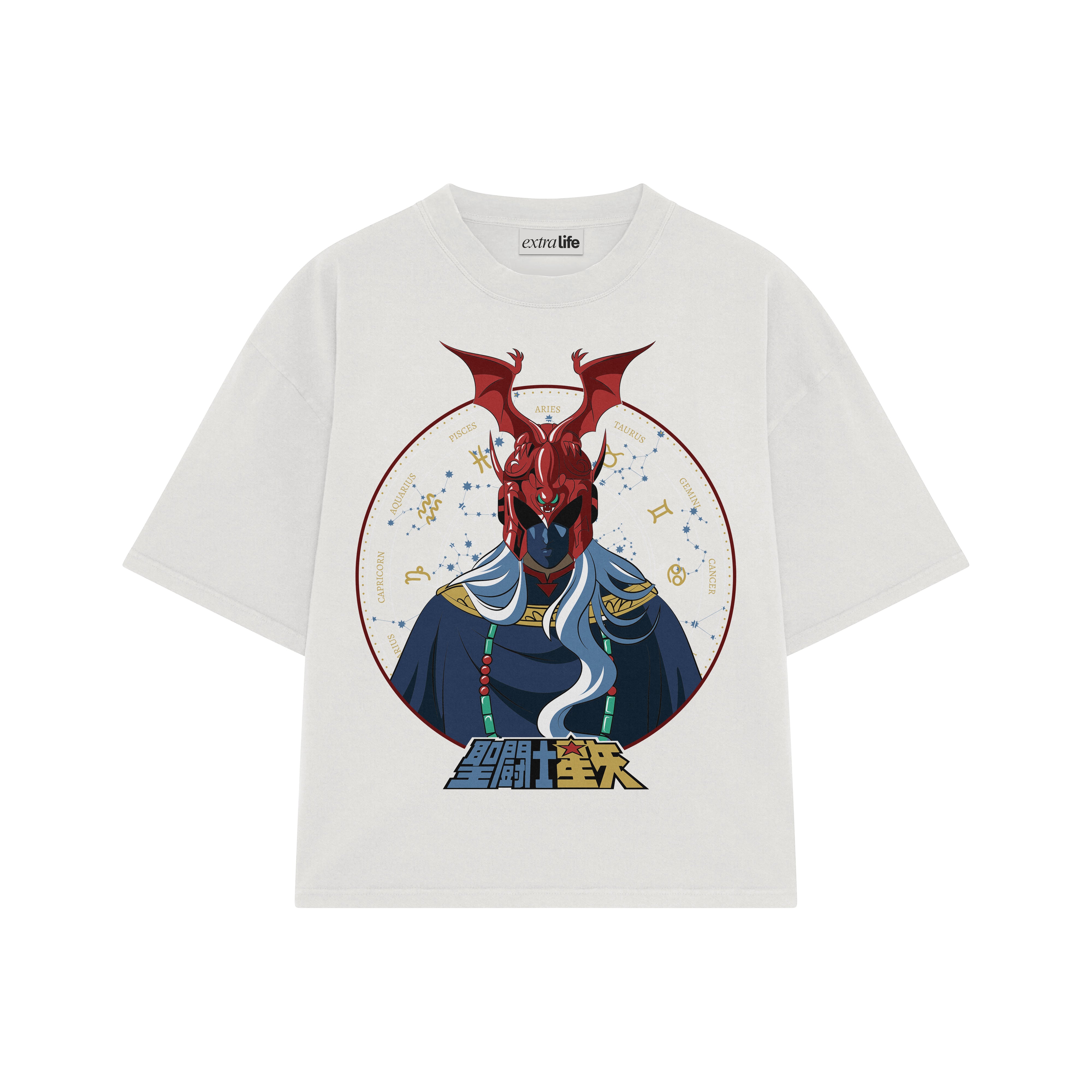 Playera streetwear premium de anime y gaming ExtraLife MX, corte boxy oversized drop shoulder heavyweight en color Deep Black y Off-White, moda urbana mexicana de culto.