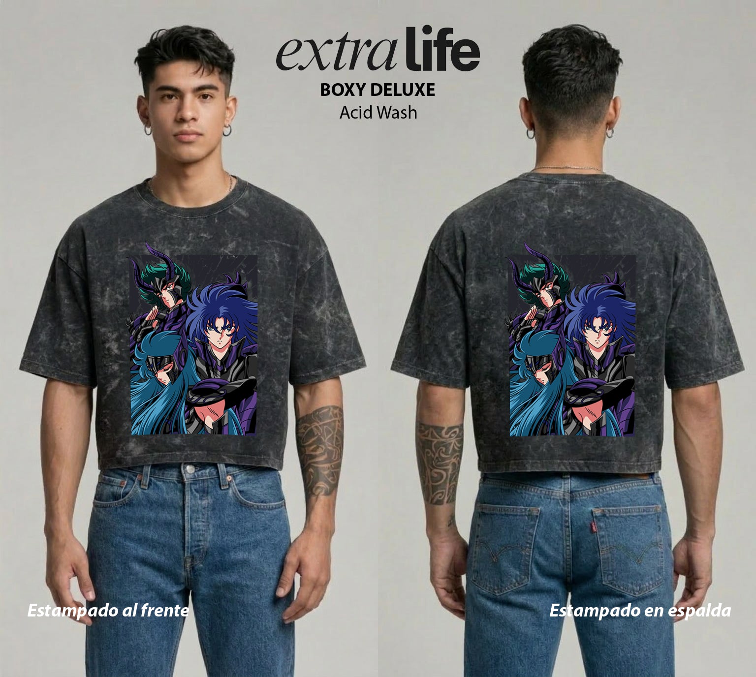 Playera streetwear premium de anime y gaming ExtraLife MX, corte boxy deluxe mineral wash heavyweight en color Acid Wash, moda urbana mexicana de culto.