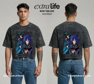 Playera streetwear premium de anime y gaming ExtraLife MX, corte boxy deluxe mineral wash heavyweight en color Acid Wash, moda urbana mexicana de culto.