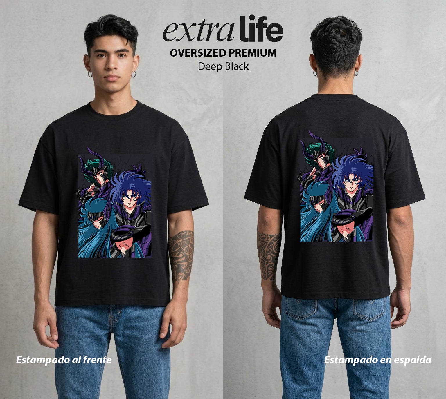 Los Caballeros del Cosmos | El Meteor del Cosmos #03821 - Playera Oversized Premium | Deep Black - Foto en modelo