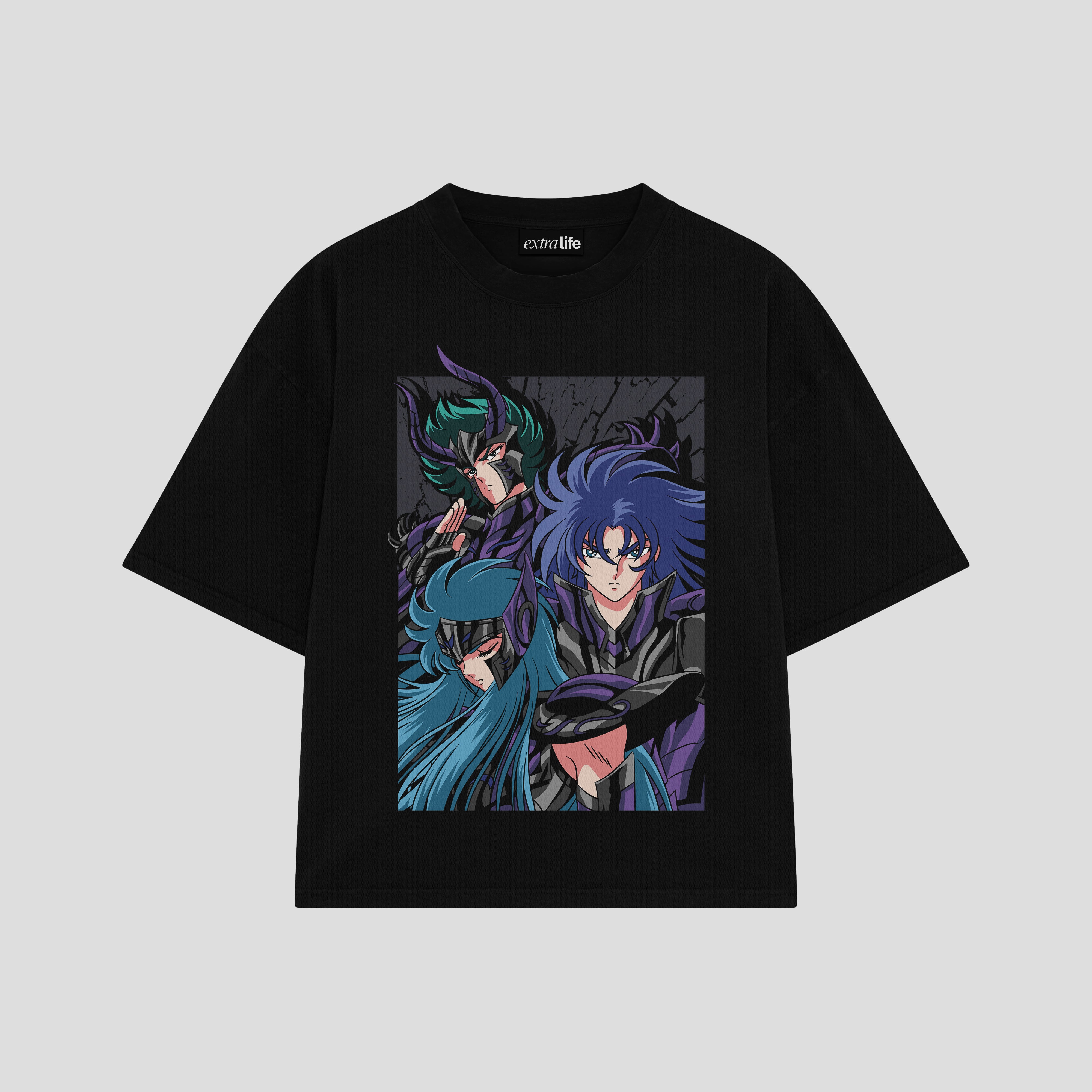 Playera streetwear premium de anime y gaming ExtraLife MX, corte boxy oversized drop shoulder heavyweight en color Deep Black y Off-White, moda urbana mexicana de culto.