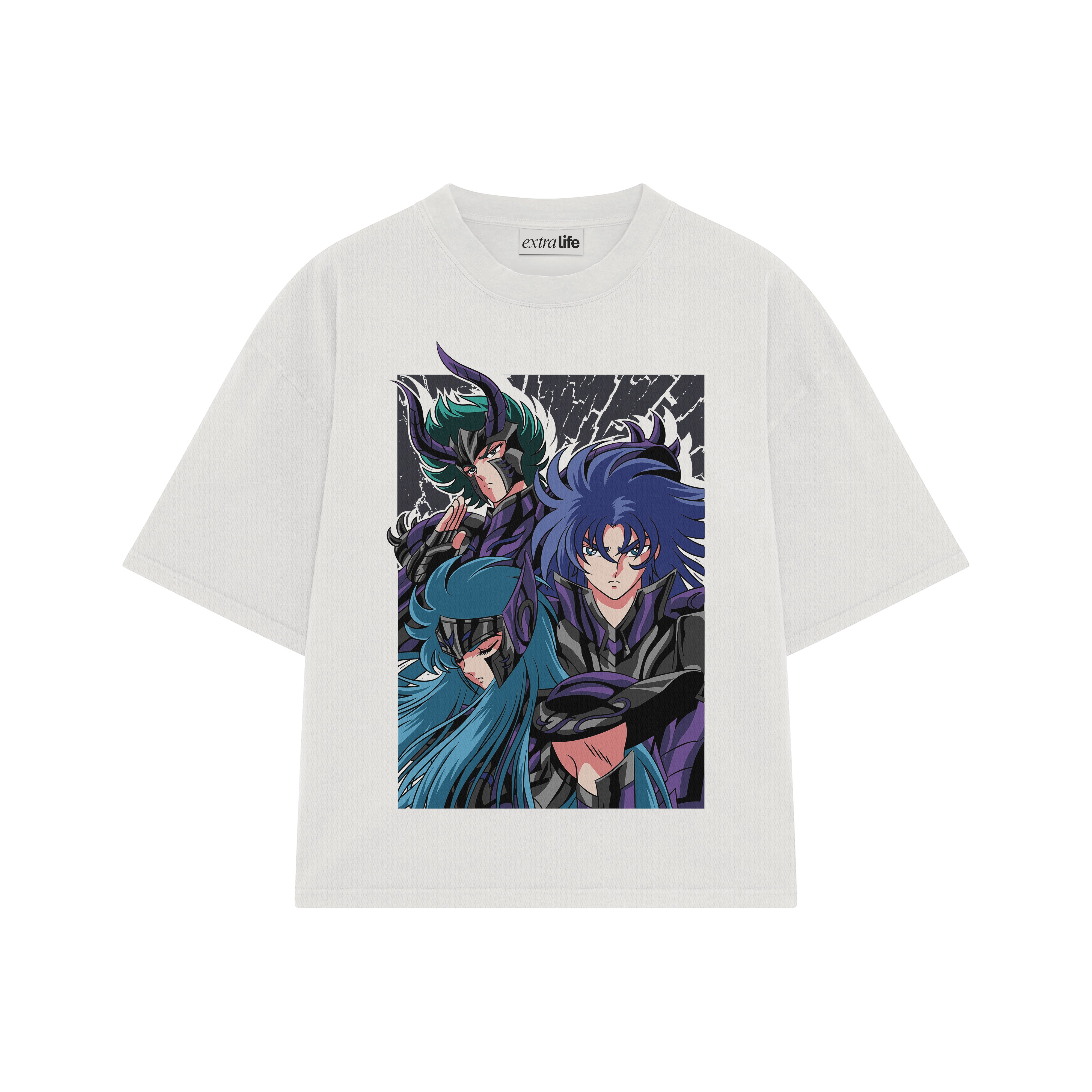 Playera streetwear premium de anime y gaming ExtraLife MX, corte boxy oversized drop shoulder heavyweight en color Deep Black y Off-White, moda urbana mexicana de culto.