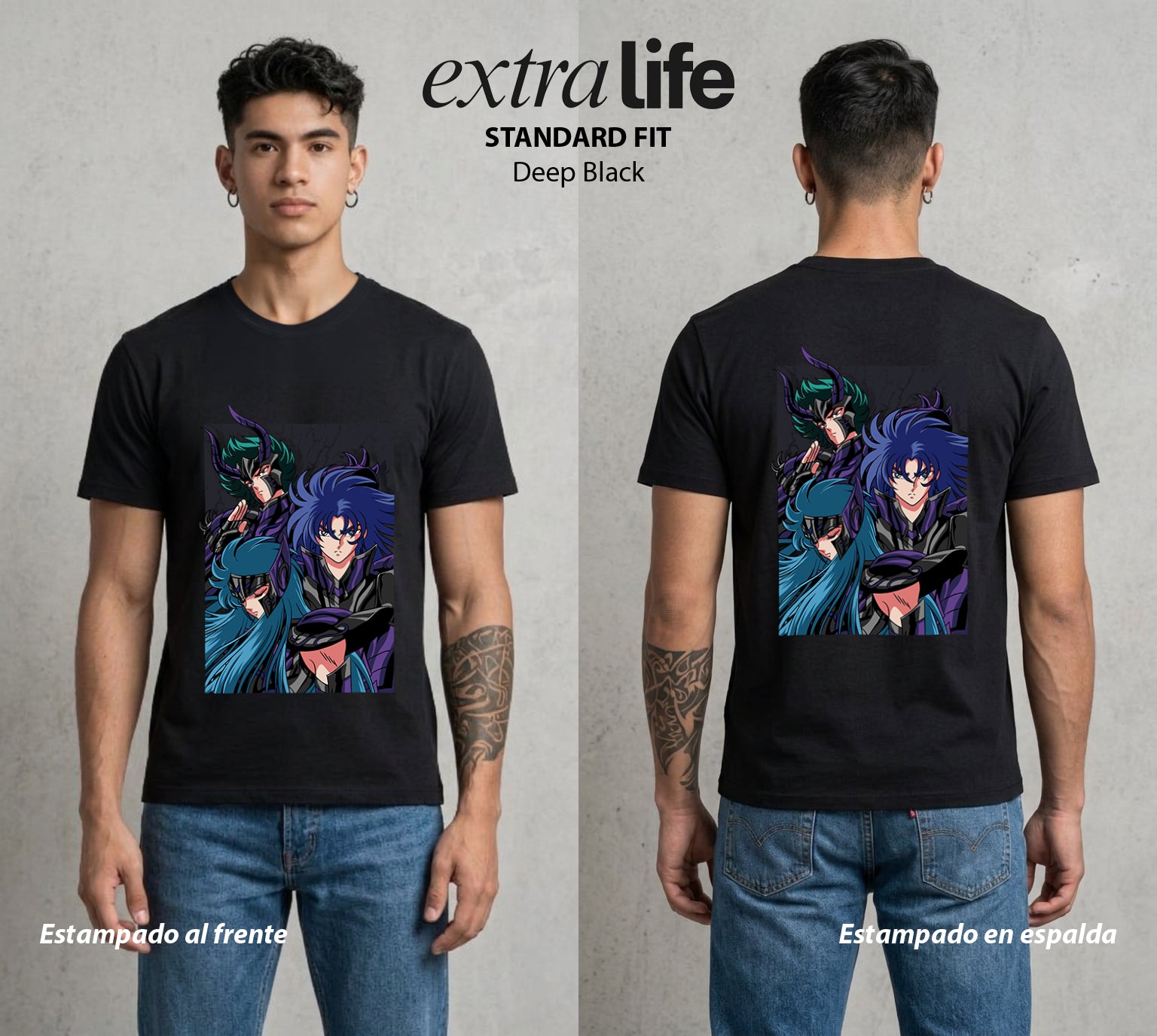 Los Caballeros del Cosmos | El Meteor del Cosmos #03821 - Playera Standard Fit | Deep Black - Foto en modelo