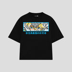 Playera streetwear premium de anime y gaming ExtraLife MX, corte boxy oversized drop shoulder heavyweight en color Deep Black y Off-White, moda urbana mexicana de culto.