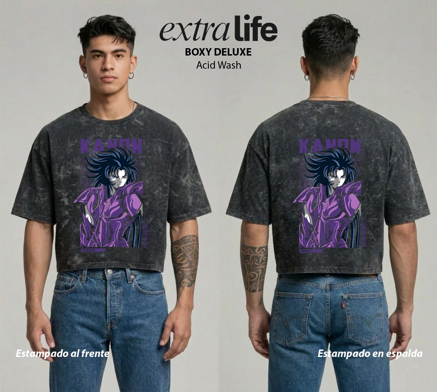Playera streetwear premium de anime y gaming ExtraLife MX, corte boxy deluxe mineral wash heavyweight en color Acid Wash, moda urbana mexicana de culto.