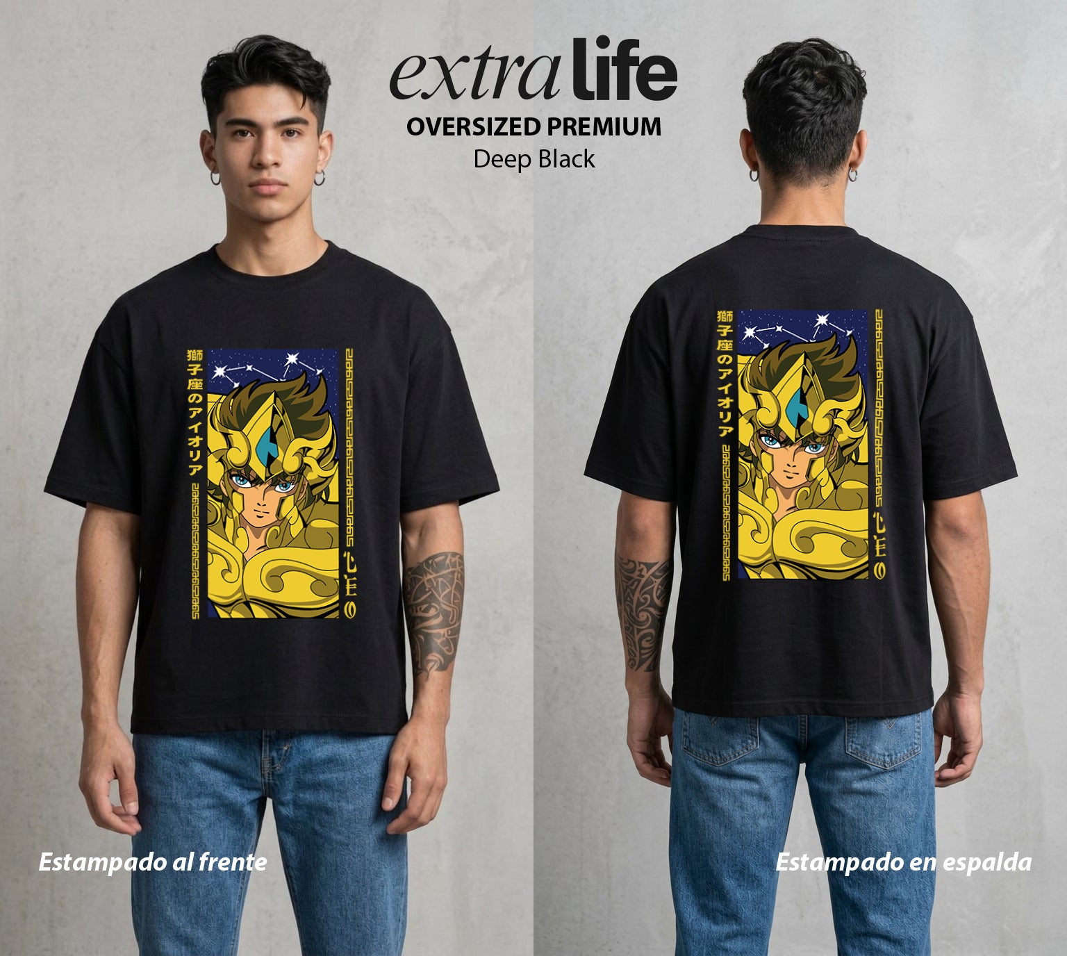 Los Caballeros del Cosmos | El Meteor del Cosmos #03831 - Playera Oversized Premium | Deep Black - Foto en modelo