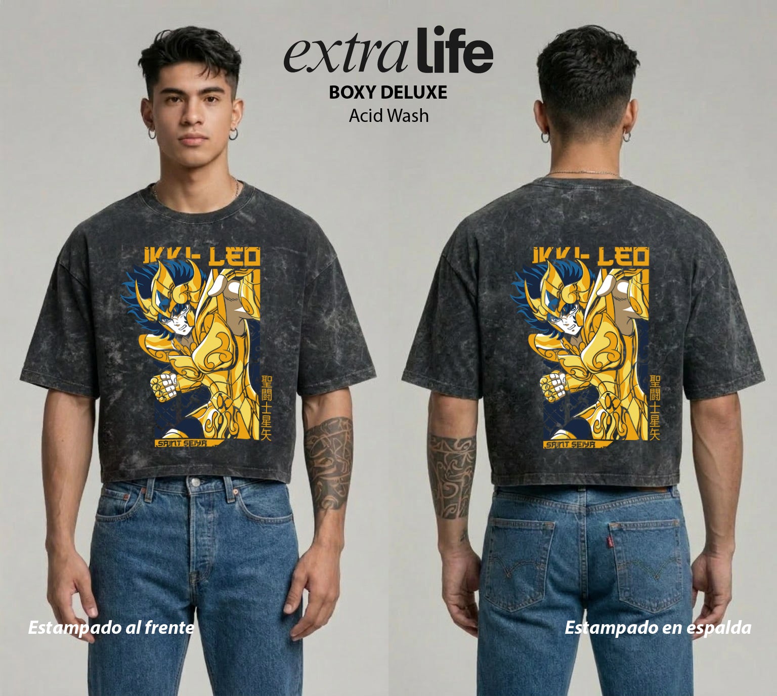 Playera streetwear premium de anime y gaming ExtraLife MX, corte boxy deluxe mineral wash heavyweight en color Acid Wash, moda urbana mexicana de culto.