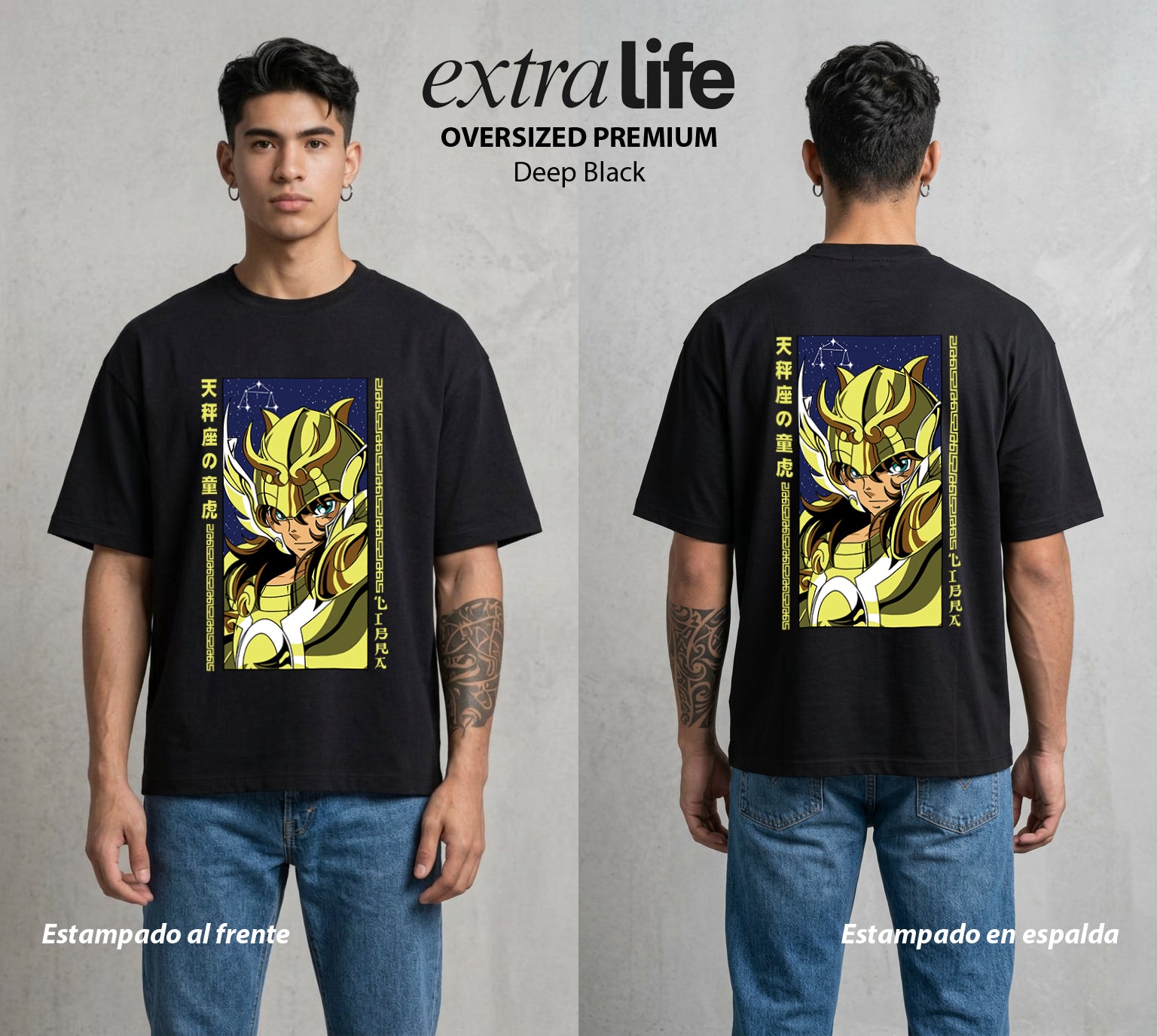 Los Caballeros del Cosmos | El Meteor del Cosmos #03837 - Playera Oversized Premium | Deep Black - Foto en modelo