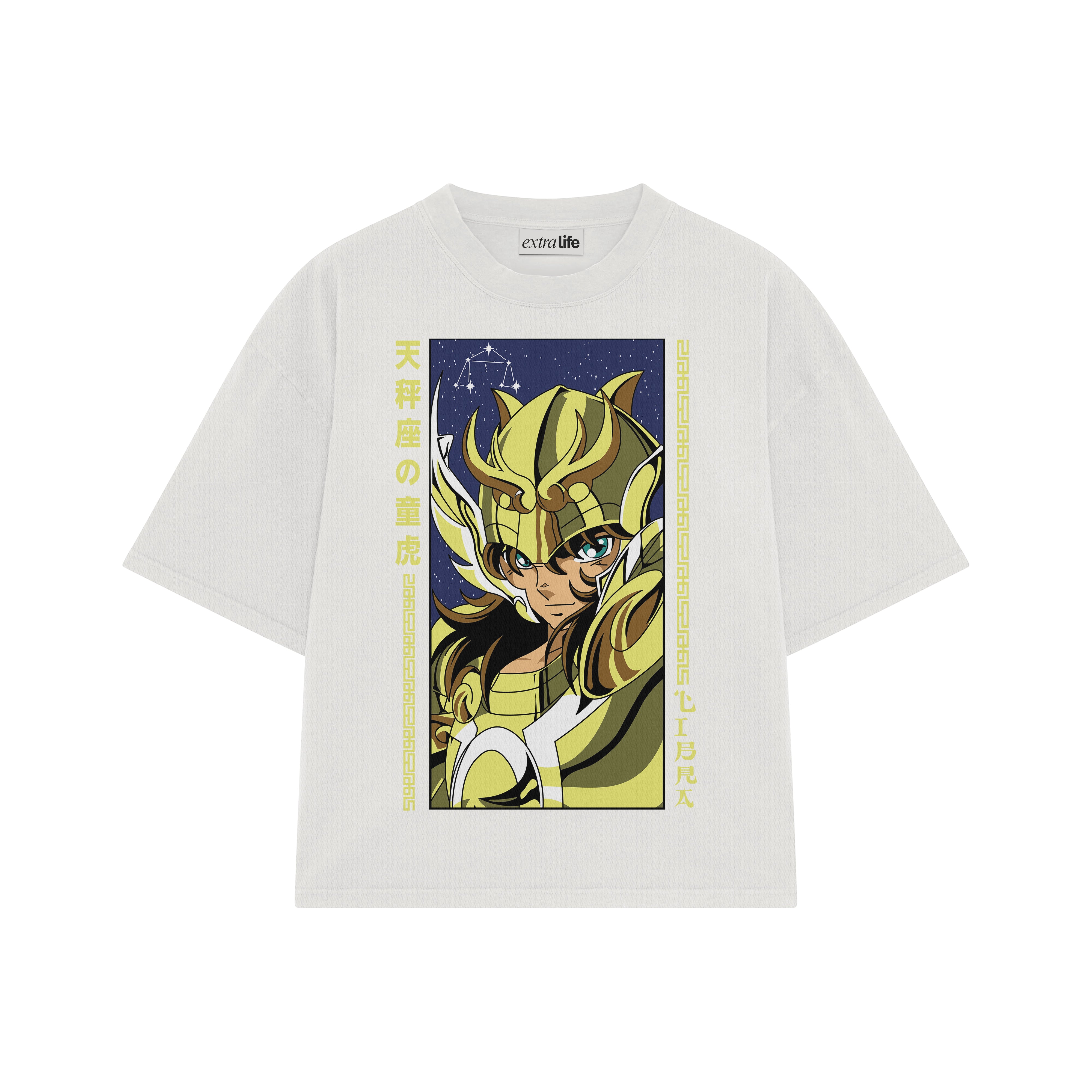 Playera streetwear premium de anime y gaming ExtraLife MX, corte boxy oversized drop shoulder heavyweight en color Deep Black y Off-White, moda urbana mexicana de culto.