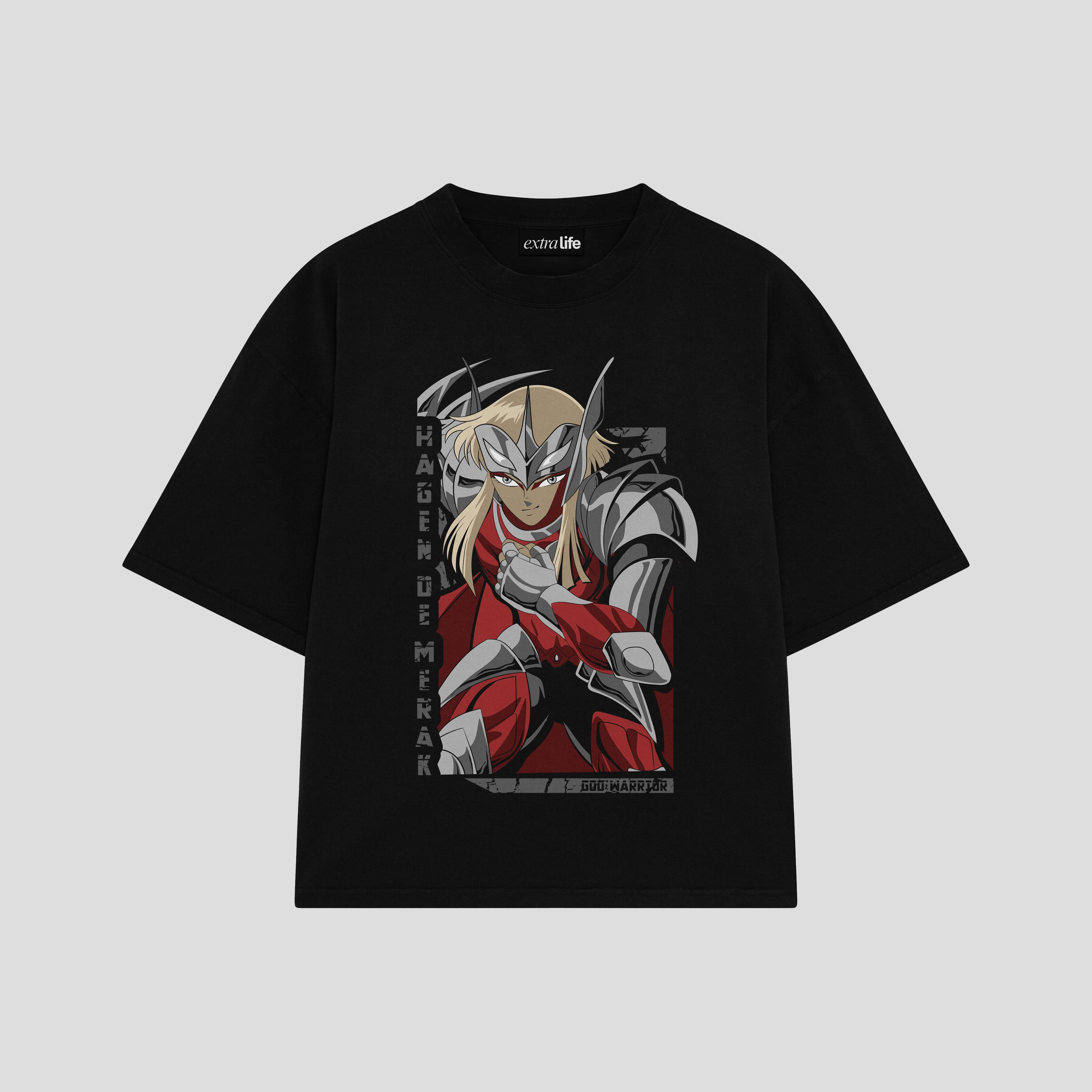 Playera streetwear premium de anime y gaming ExtraLife MX, corte boxy oversized drop shoulder heavyweight en color Deep Black y Off-White, moda urbana mexicana de culto.