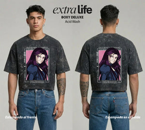 Playera streetwear premium de anime y gaming ExtraLife MX, corte boxy deluxe mineral wash heavyweight en color Acid Wash, moda urbana mexicana de culto.