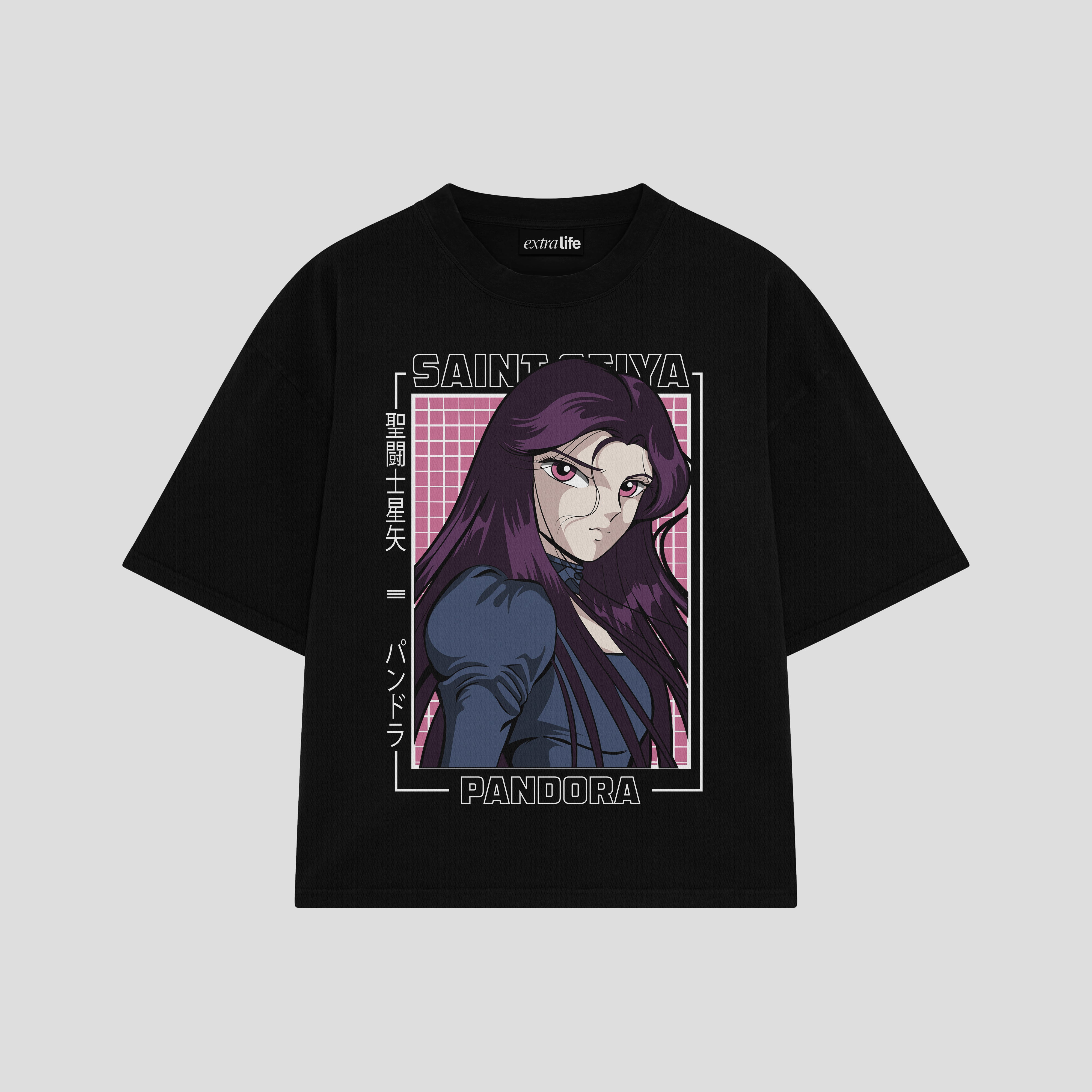 Playera streetwear premium de anime y gaming ExtraLife MX, corte boxy oversized drop shoulder heavyweight en color Deep Black y Off-White, moda urbana mexicana de culto.