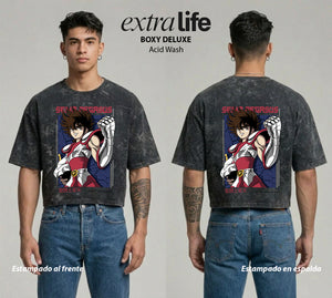 Playera streetwear premium de anime y gaming ExtraLife MX, corte boxy deluxe mineral wash heavyweight en color Acid Wash, moda urbana mexicana de culto.