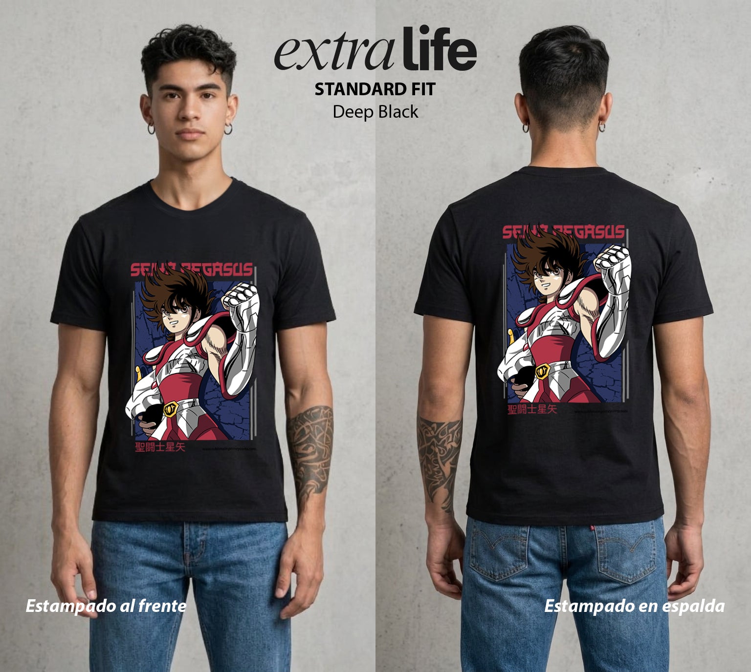 Los Caballeros del Cosmos | El Meteor del Cosmos #03843 - Playera Standard Fit | Deep Black - Foto en modelo