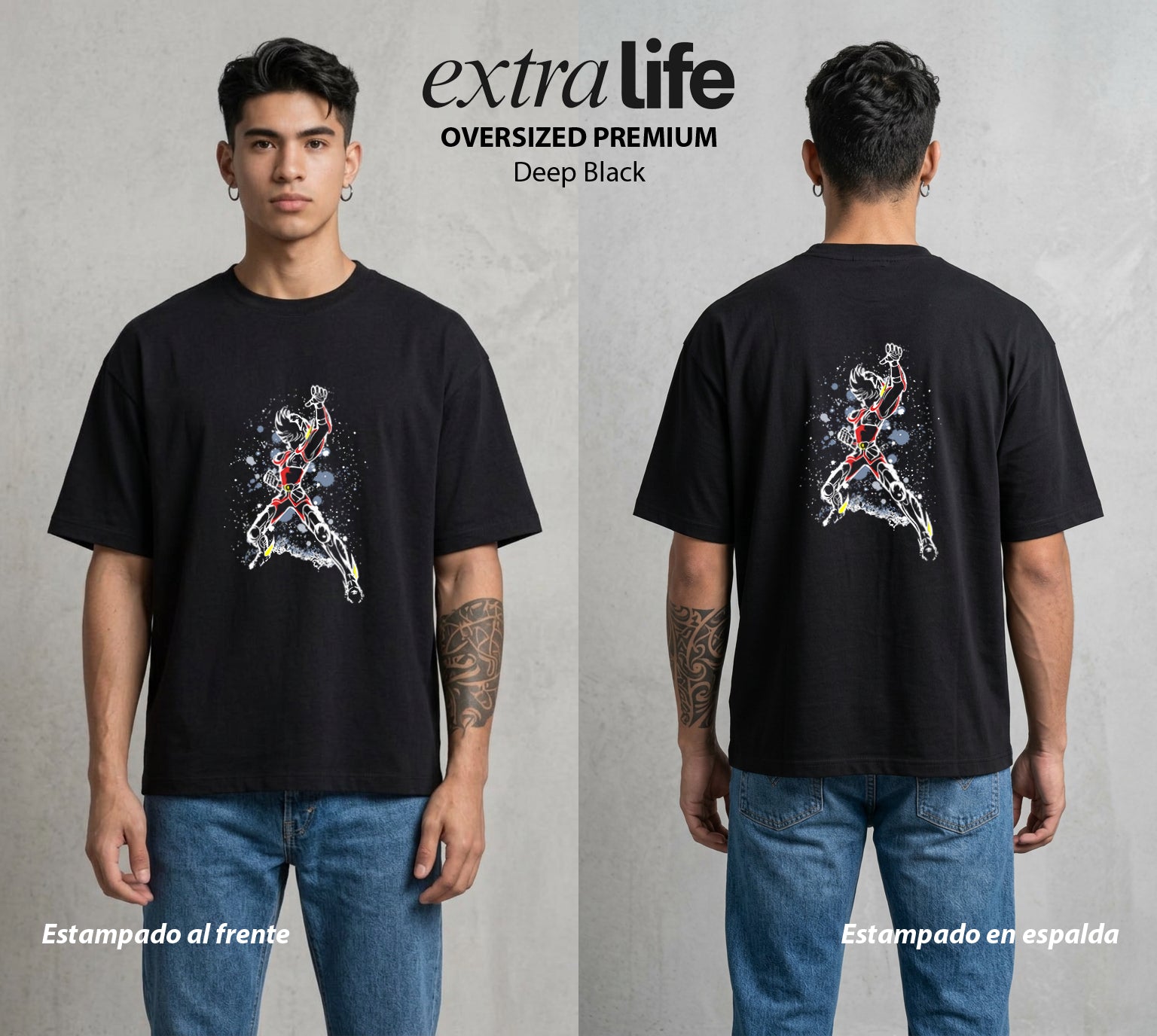 Los Caballeros del Cosmos | El Meteor del Cosmos #03844 - Playera Oversized Premium | Deep Black - Foto en modelo