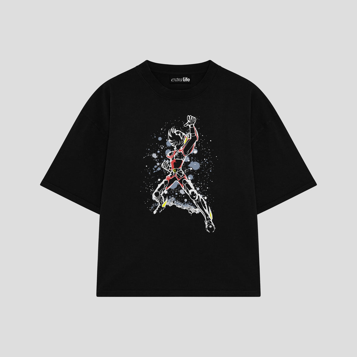 Playera streetwear premium de anime y gaming ExtraLife MX, corte oversized drop shoulder ligero y fresco en color Deep Black y Off-White, moda urbana mexicana de culto.