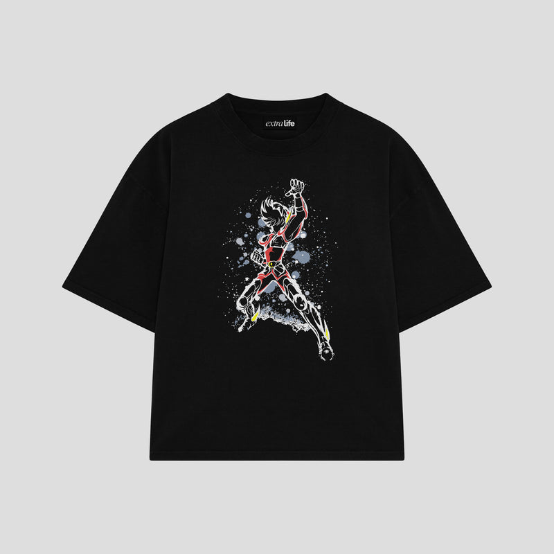 Playera streetwear premium de anime y gaming ExtraLife MX, corte boxy oversized drop shoulder heavyweight en color Deep Black y Off-White, moda urbana mexicana de culto.