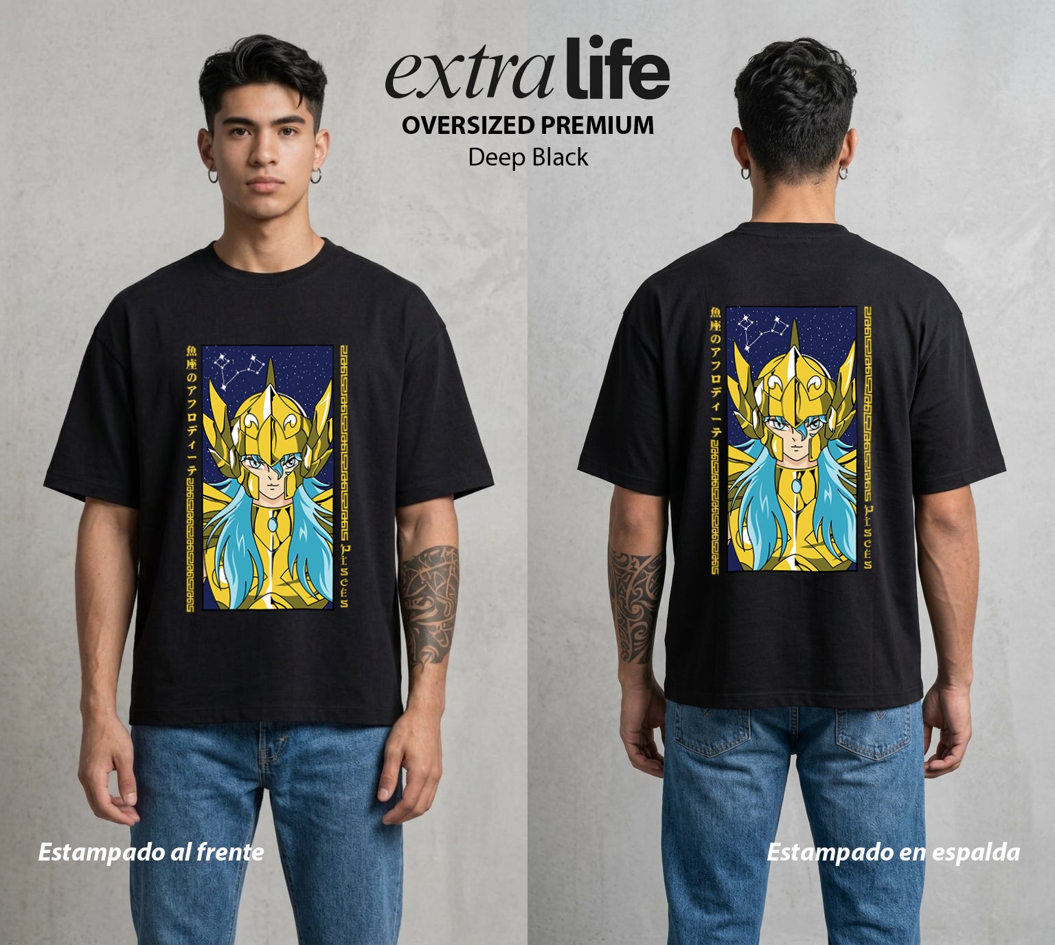 Los Caballeros del Cosmos | El Meteor del Cosmos #03846 - Playera Oversized Premium | Deep Black - Foto en modelo