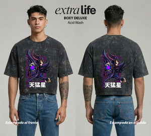 Playera streetwear premium de anime y gaming ExtraLife MX, corte boxy deluxe mineral wash heavyweight en color Acid Wash, moda urbana mexicana de culto.