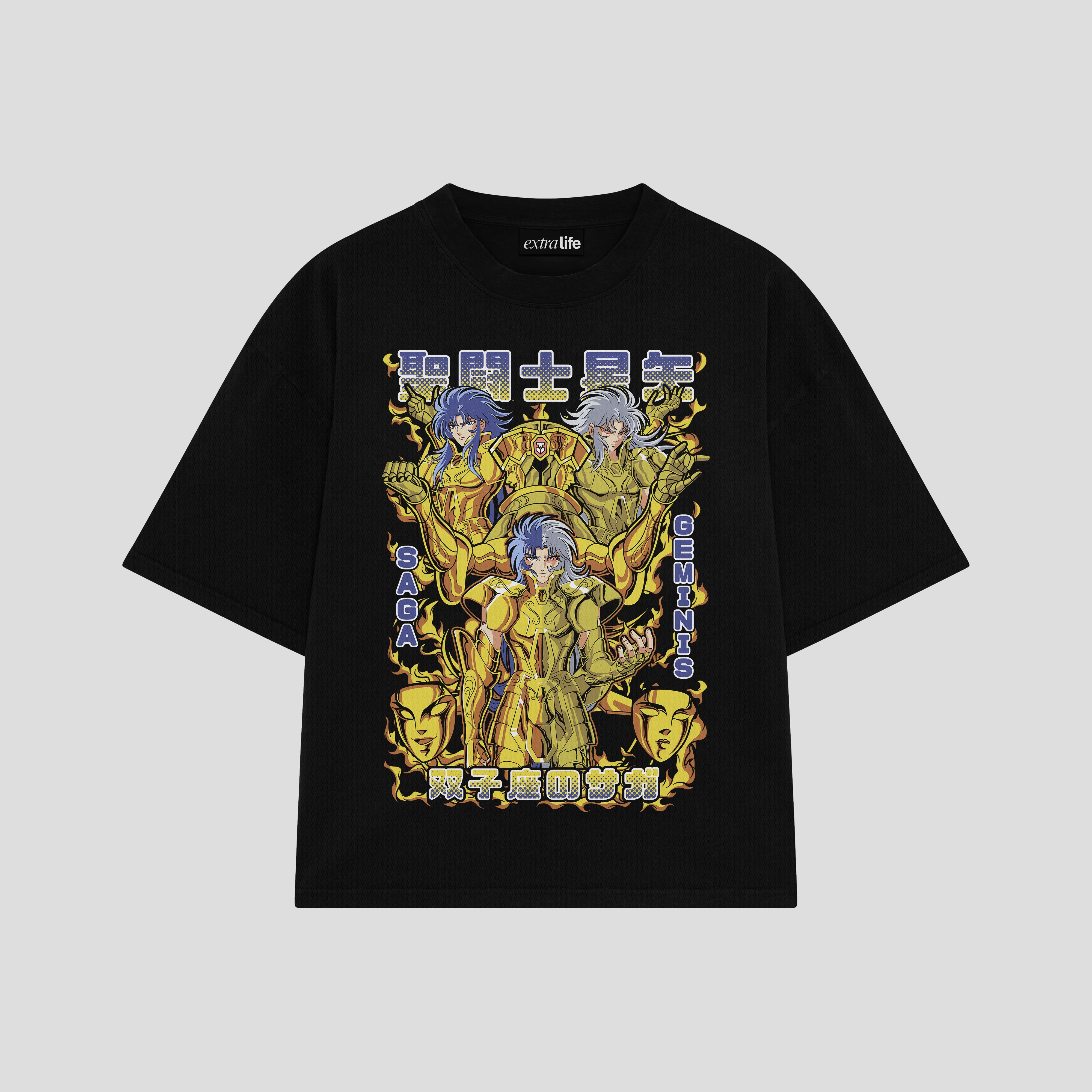 Playera streetwear premium de anime y gaming ExtraLife MX, corte boxy oversized drop shoulder heavyweight en color Deep Black y Off-White, moda urbana mexicana de culto.