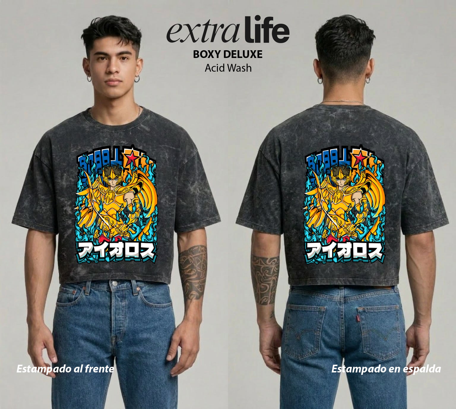 Playera streetwear premium de anime y gaming ExtraLife MX, corte boxy deluxe mineral wash heavyweight en color Acid Wash, moda urbana mexicana de culto.