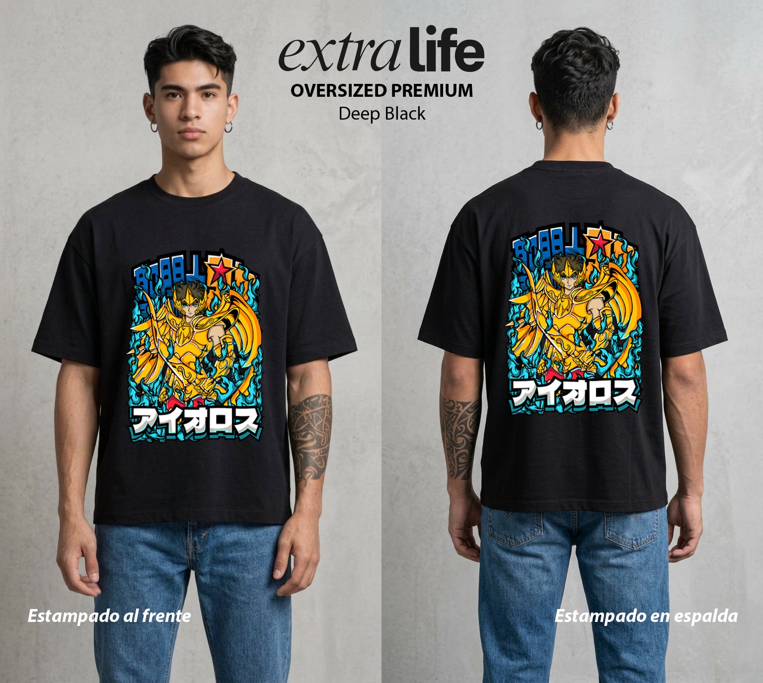 Los Caballeros del Cosmos | El Meteor del Cosmos #03850 - Playera Oversized Premium | Deep Black - Foto en modelo