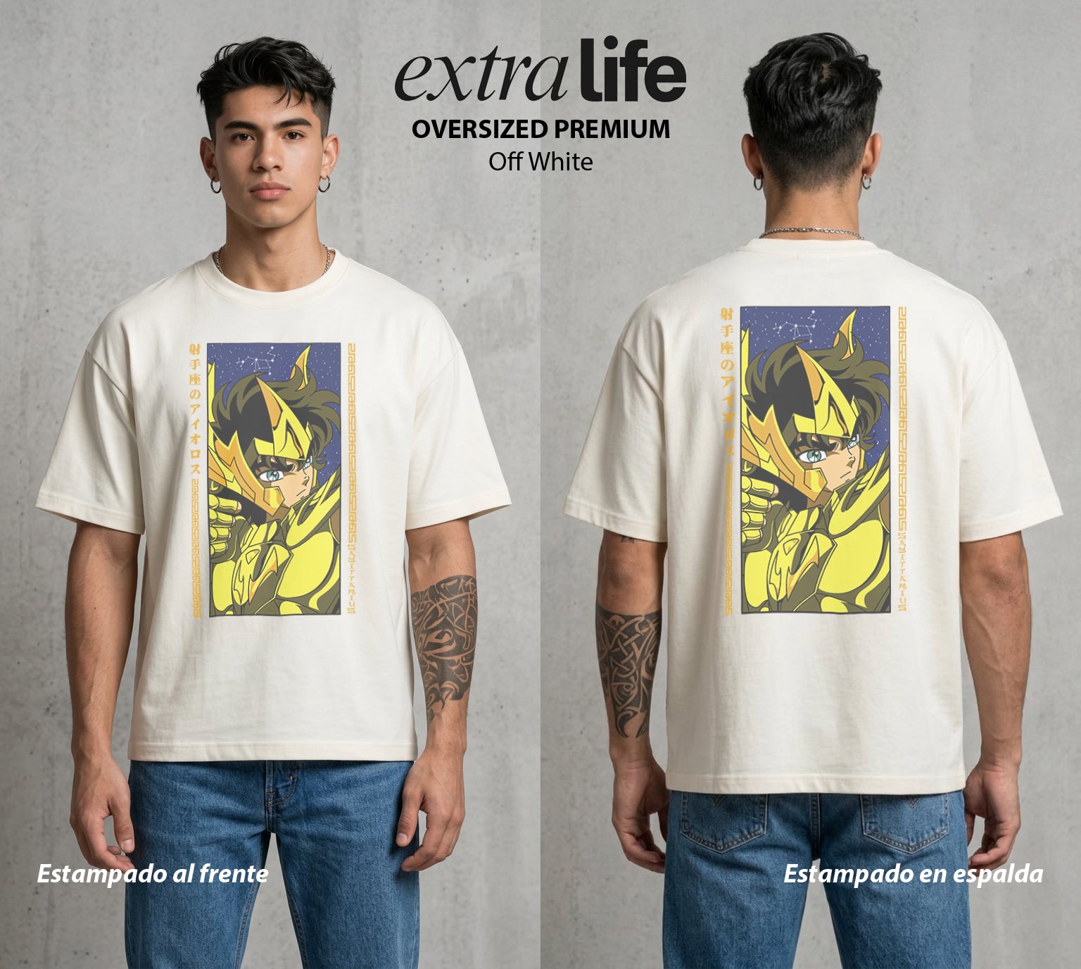 Los Caballeros del Cosmos | El Pegaso del Bien #03851 - Playera Oversized Premium | Off White - Foto en modelo