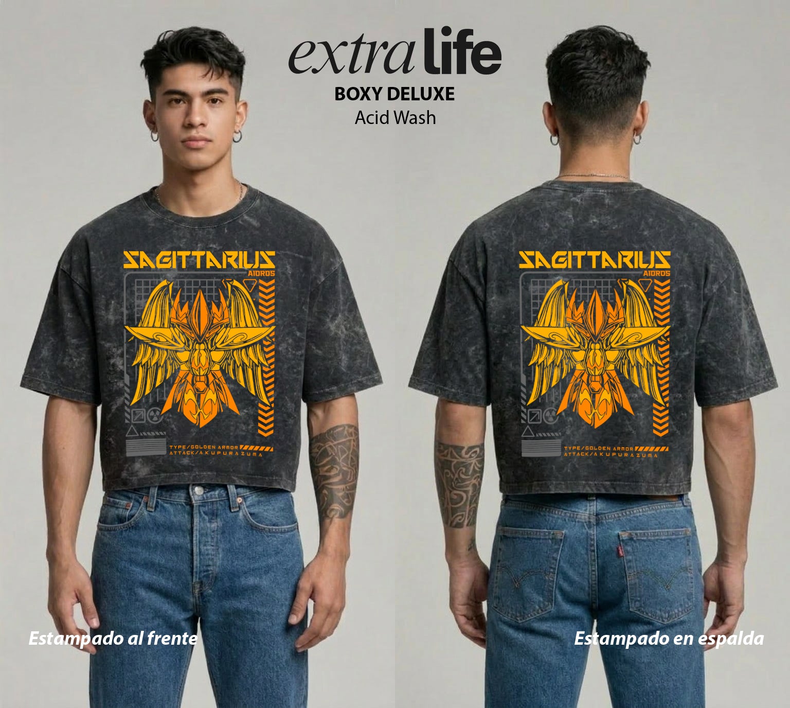 Playera streetwear premium de anime y gaming ExtraLife MX, corte boxy deluxe mineral wash heavyweight en color Acid Wash, moda urbana mexicana de culto.