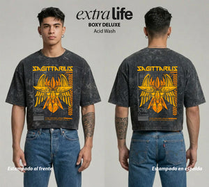 Playera streetwear premium de anime y gaming ExtraLife MX, corte boxy deluxe mineral wash heavyweight en color Acid Wash, moda urbana mexicana de culto.