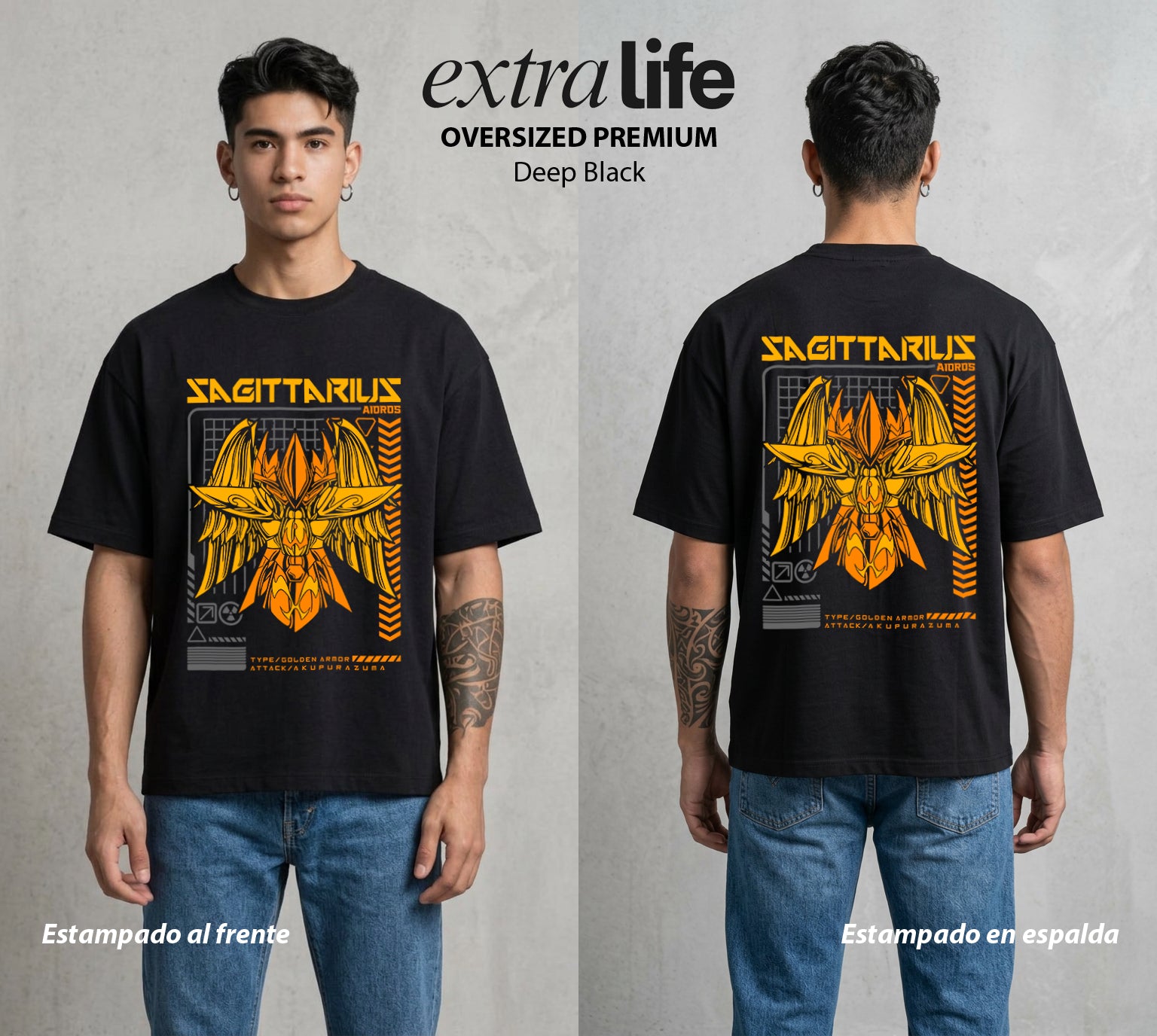 Los Caballeros del Cosmos | El Meteor del Cosmos #03852 - Playera Oversized Premium | Deep Black - Foto en modelo