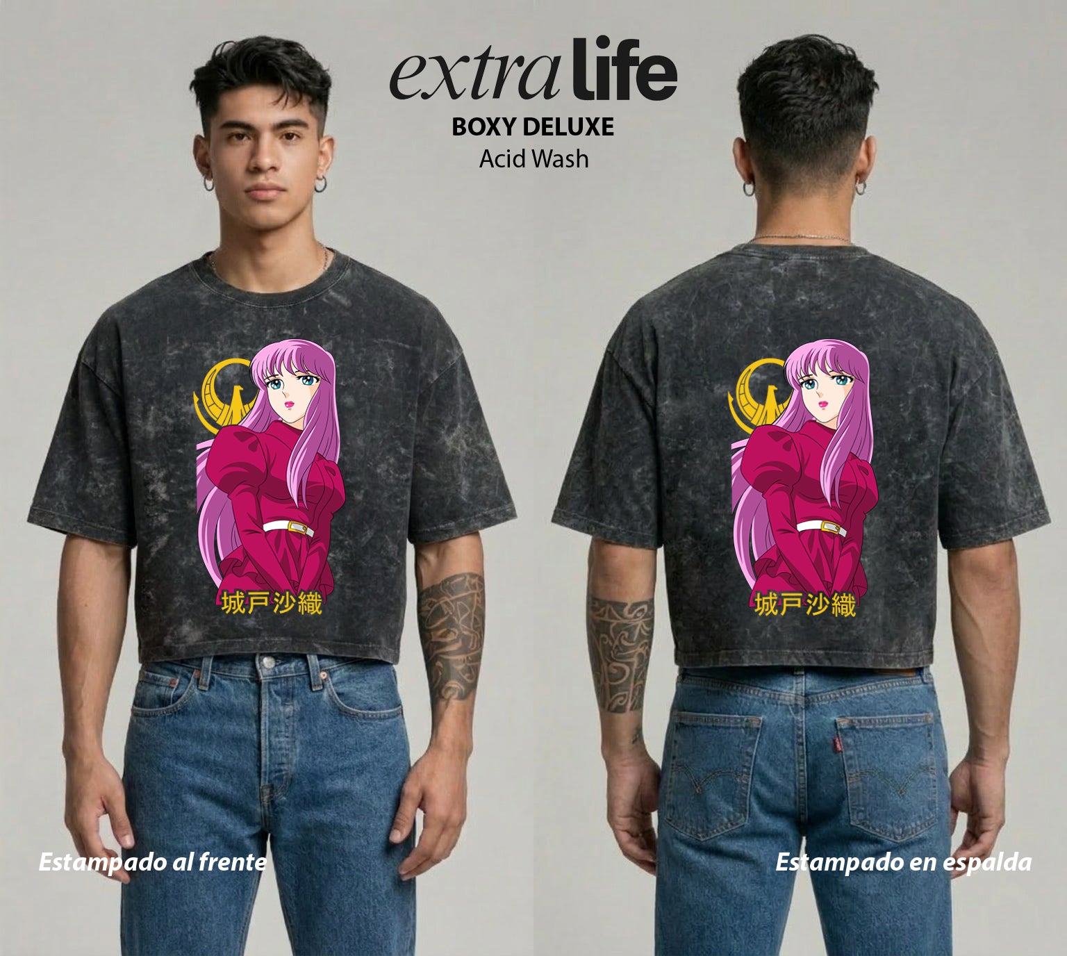 Playera streetwear premium de anime y gaming ExtraLife MX, corte boxy deluxe mineral wash heavyweight en color Acid Wash, moda urbana mexicana de culto.