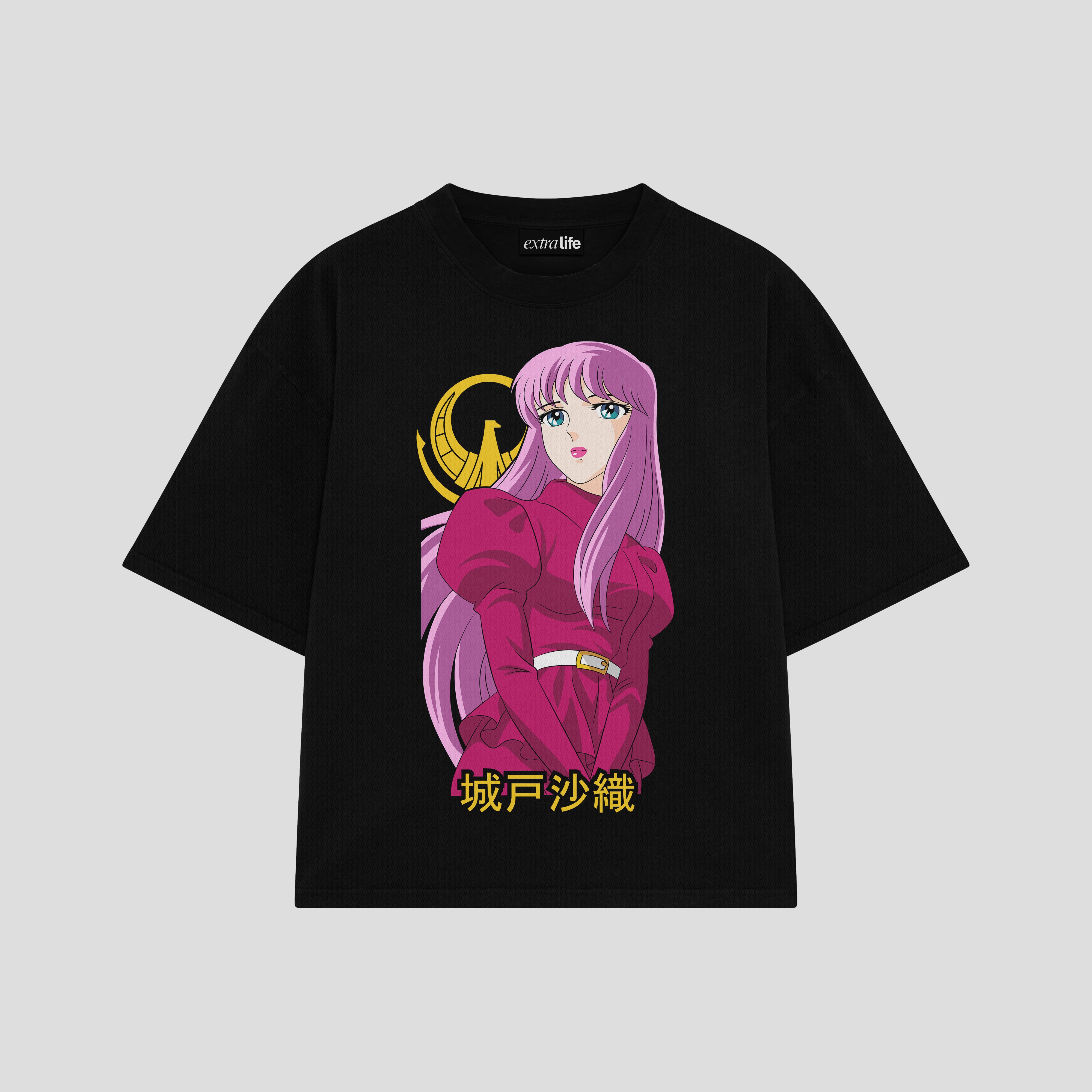 Playera streetwear premium de anime y gaming ExtraLife MX, corte boxy oversized drop shoulder heavyweight en color Deep Black y Off-White, moda urbana mexicana de culto.