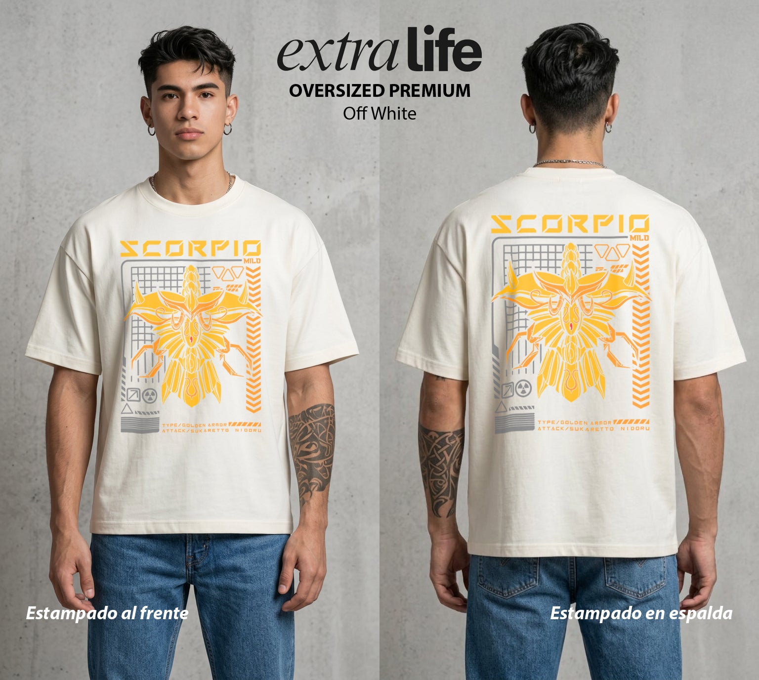 Los Caballeros del Cosmos | El Meteor del Cosmos #03854 - Playera Oversized Premium | Off White - Foto en modelo