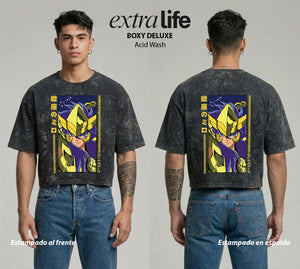 Playera streetwear premium de anime y gaming ExtraLife MX, corte boxy deluxe mineral wash heavyweight en color Acid Wash, moda urbana mexicana de culto.