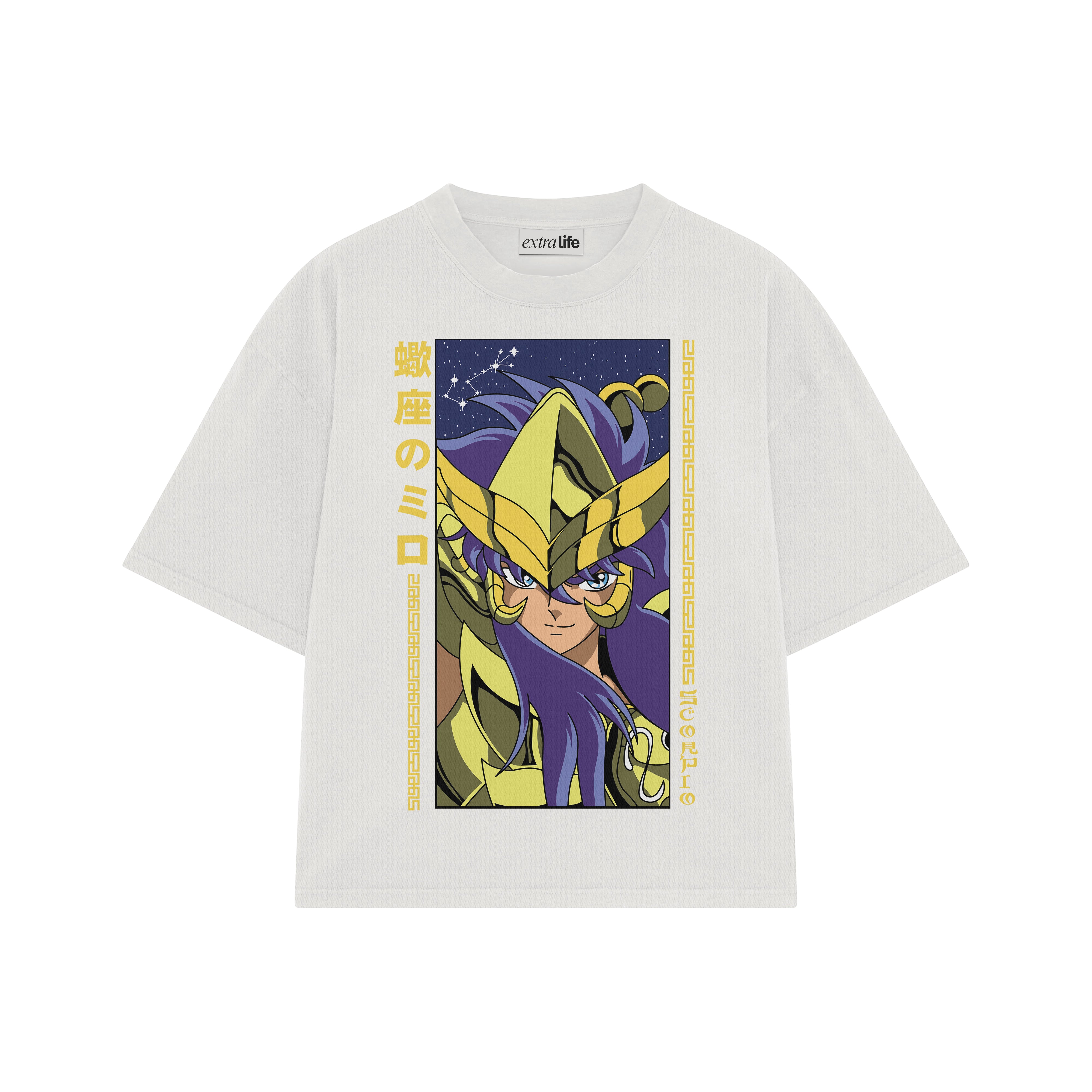Playera streetwear premium de anime y gaming ExtraLife MX, corte boxy oversized drop shoulder heavyweight en color Deep Black y Off-White, moda urbana mexicana de culto.