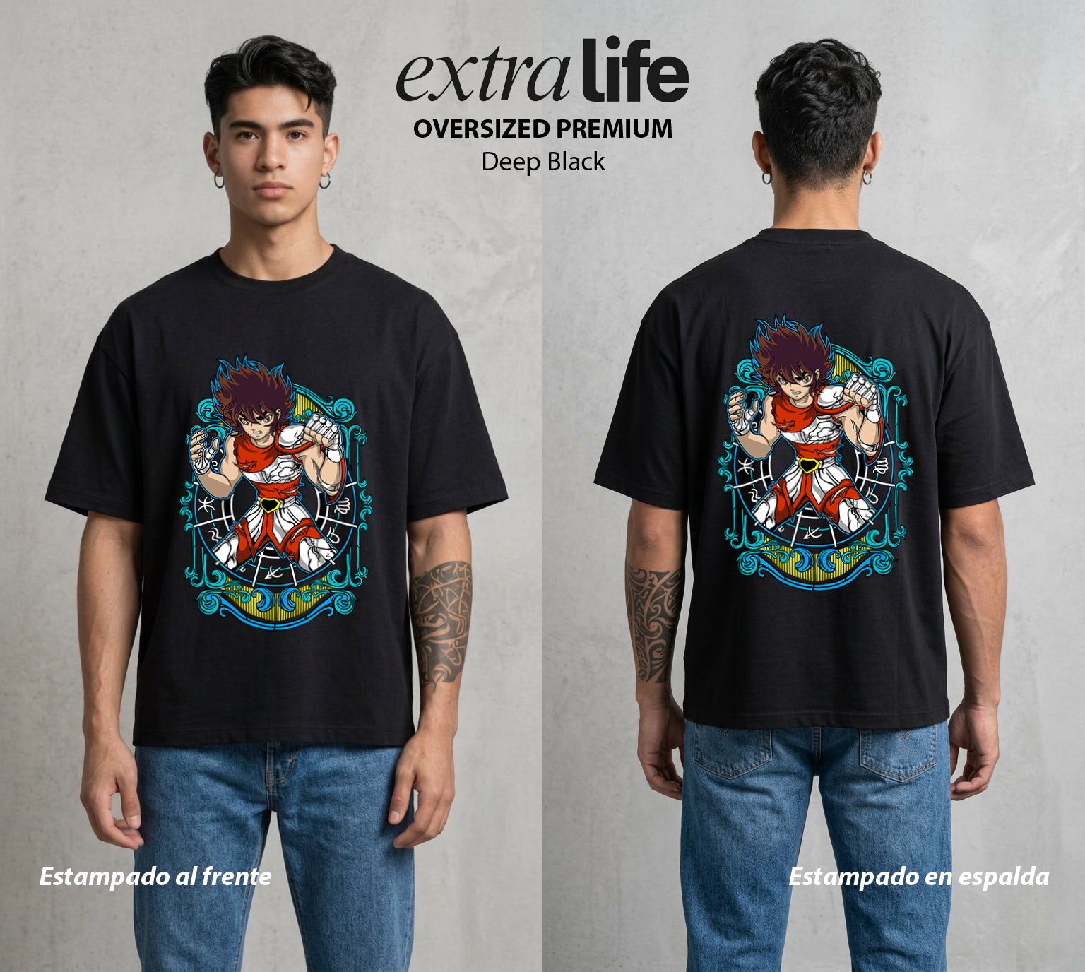 Los Caballeros del Cosmos | El Meteor del Cosmos #03857 - Playera Oversized Premium | Deep Black - Foto en modelo