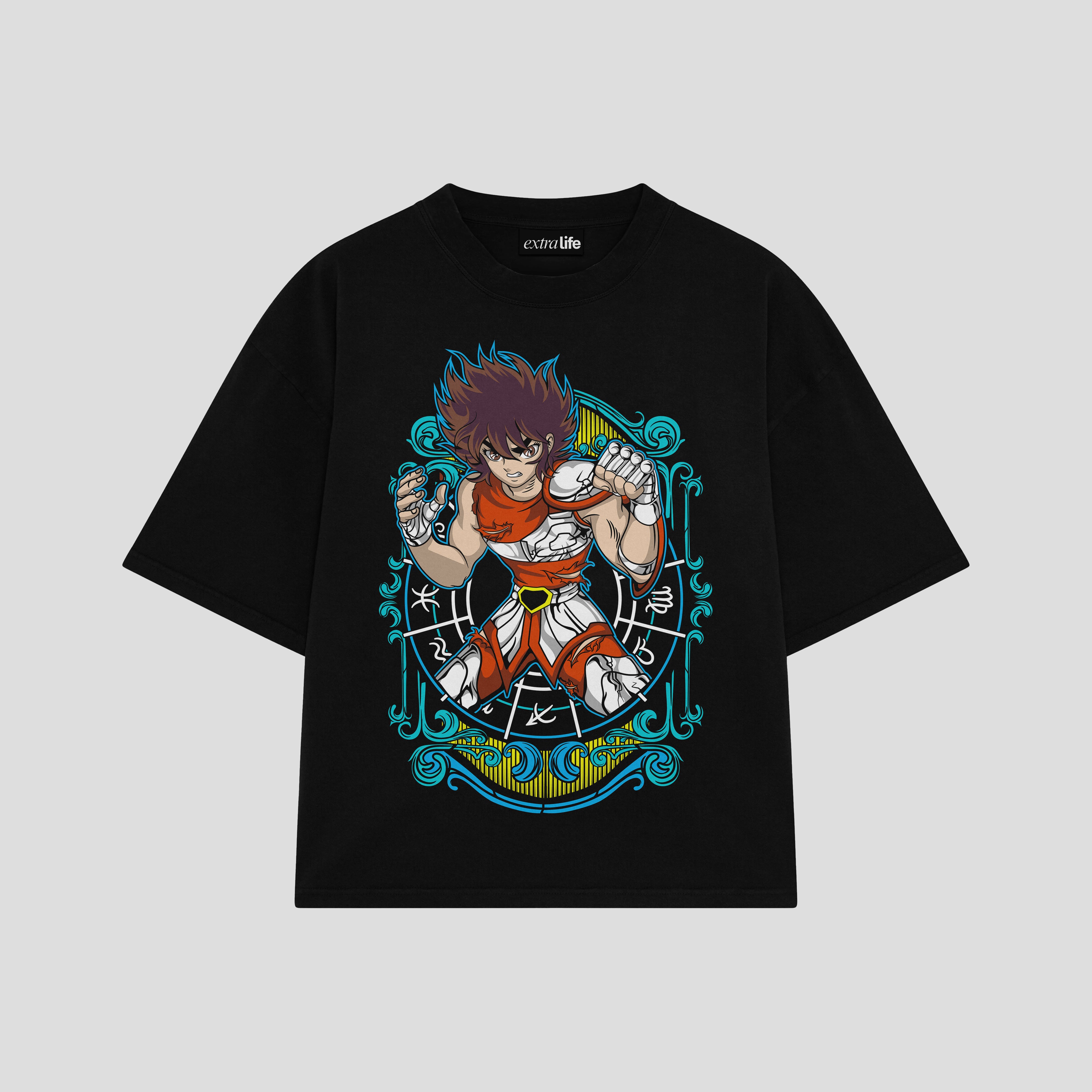 Playera streetwear premium de anime y gaming ExtraLife MX, corte boxy oversized drop shoulder heavyweight en color Deep Black y Off-White, moda urbana mexicana de culto.