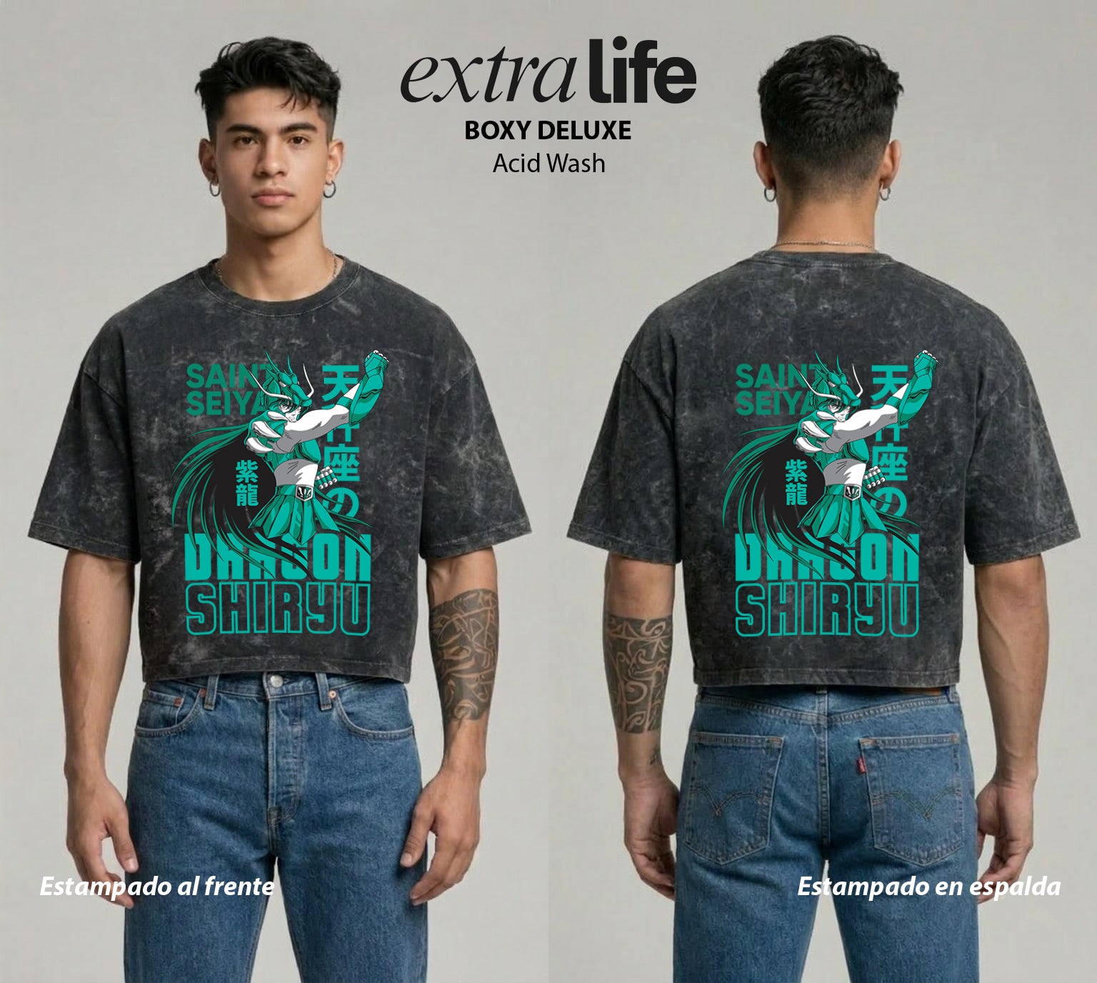 Playera streetwear premium de anime y gaming ExtraLife MX, corte boxy deluxe mineral wash heavyweight en color Acid Wash, moda urbana mexicana de culto.