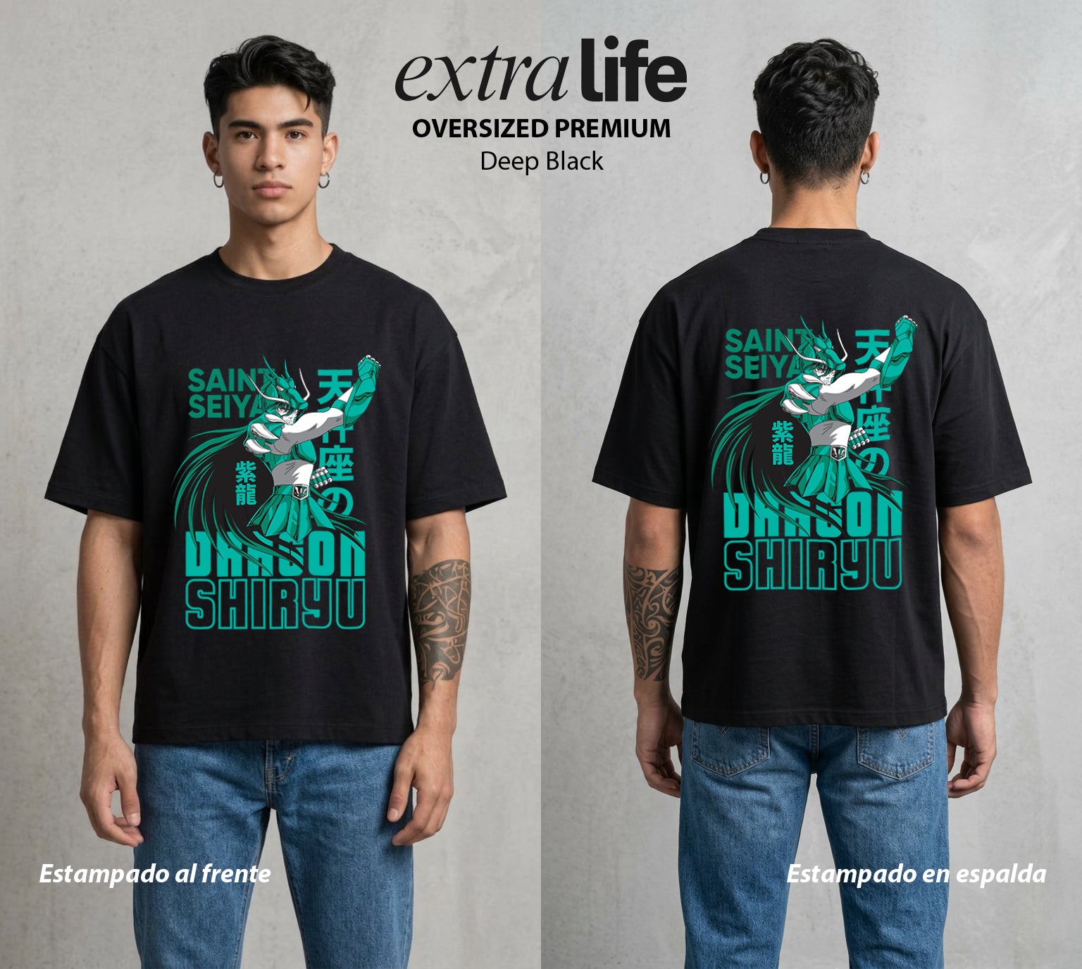 Los Caballeros del Cosmos | El Dragon del Escudo #03858 - Playera Oversized Premium | Deep Black - Foto en modelo