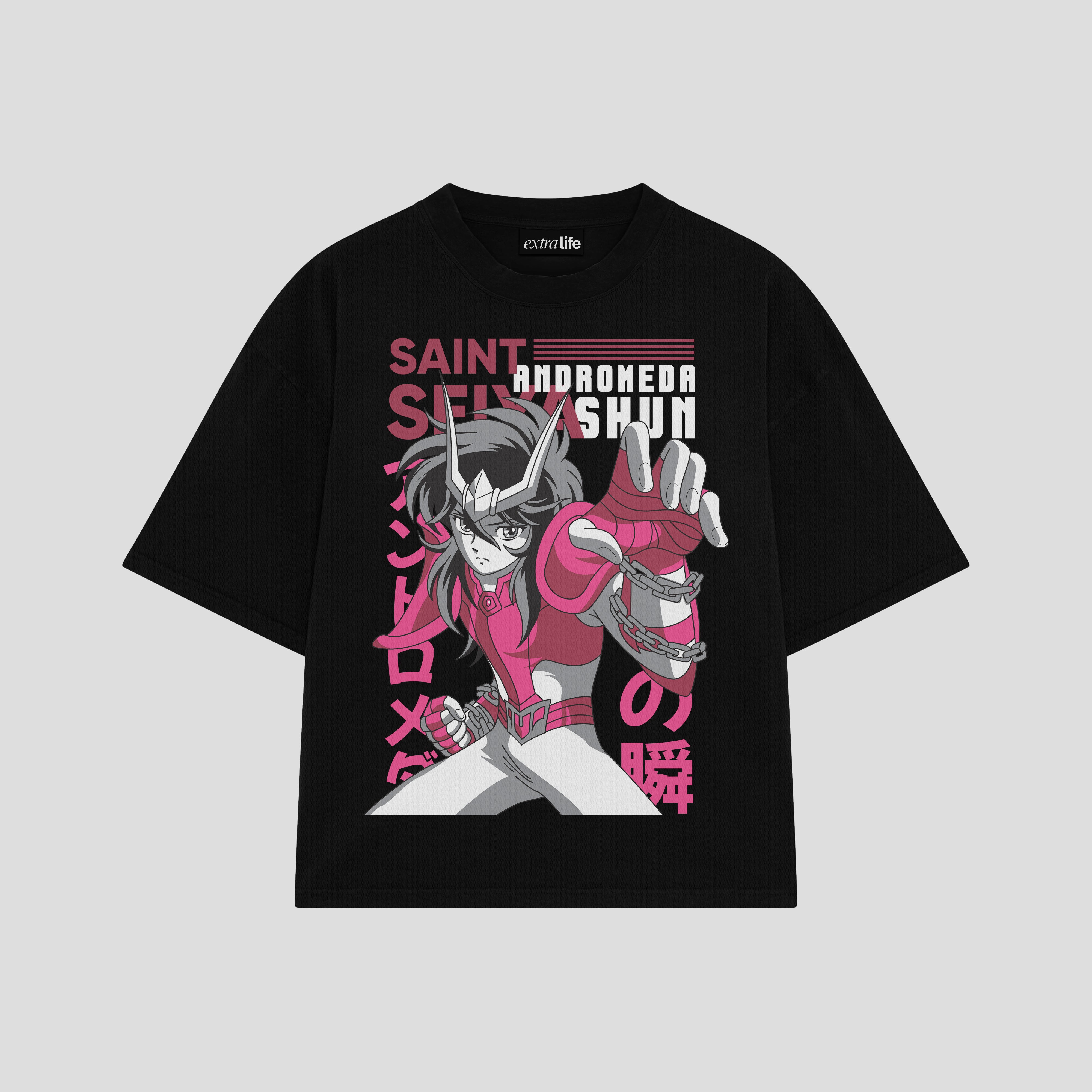 Playera streetwear premium de anime y gaming ExtraLife MX, corte boxy oversized drop shoulder heavyweight en color Deep Black y Off-White, moda urbana mexicana de culto.