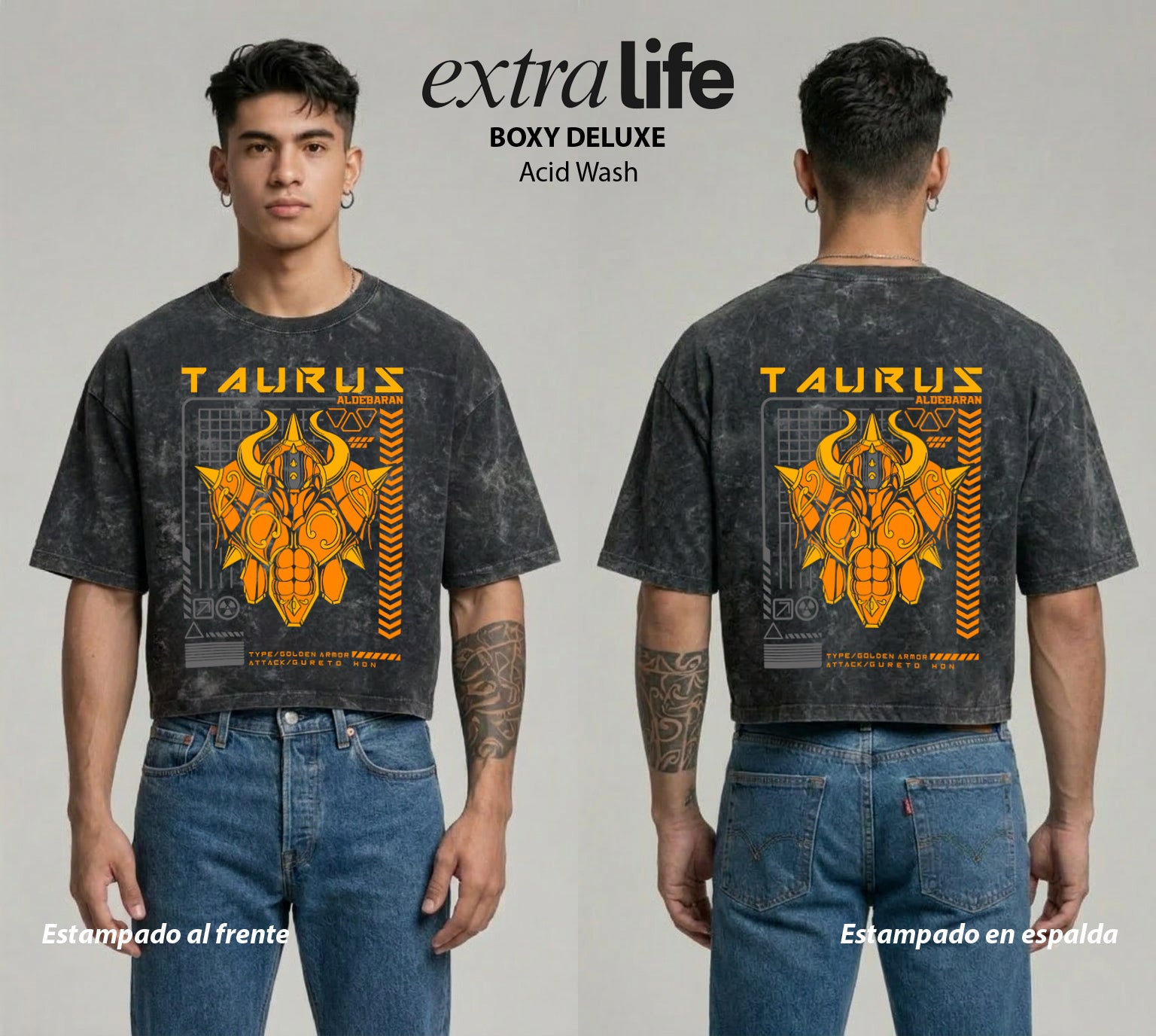 Playera streetwear premium de anime y gaming ExtraLife MX, corte boxy deluxe mineral wash heavyweight en color Acid Wash, moda urbana mexicana de culto.