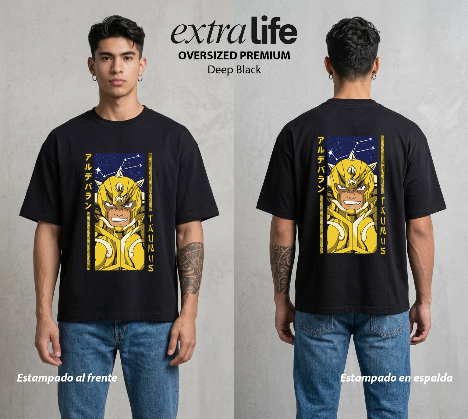 Los Caballeros del Cosmos | El Meteor del Cosmos #03861 - Playera Oversized Premium | Deep Black - Foto en modelo