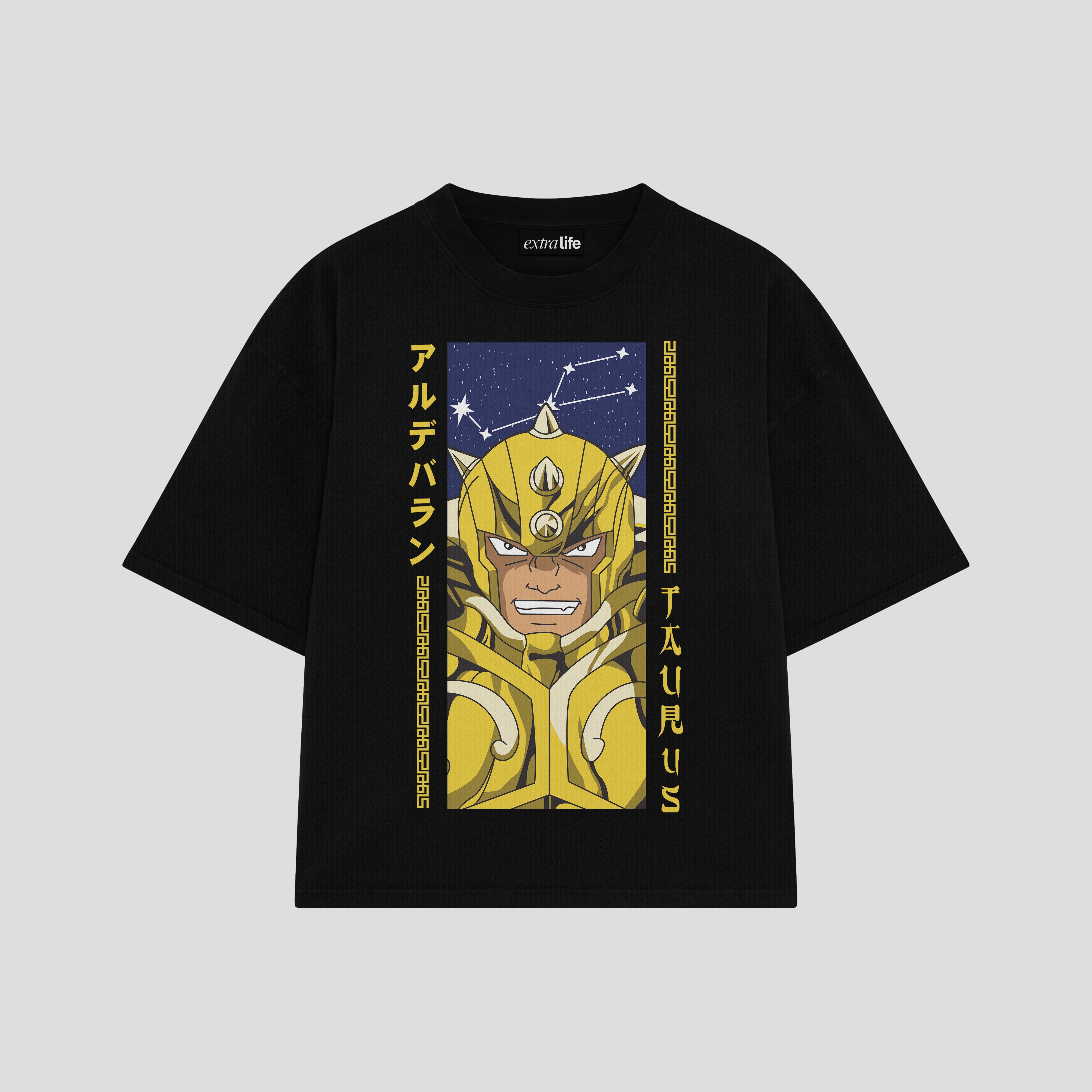 Playera streetwear premium de anime y gaming ExtraLife MX, corte boxy oversized drop shoulder heavyweight en color Deep Black y Off-White, moda urbana mexicana de culto.