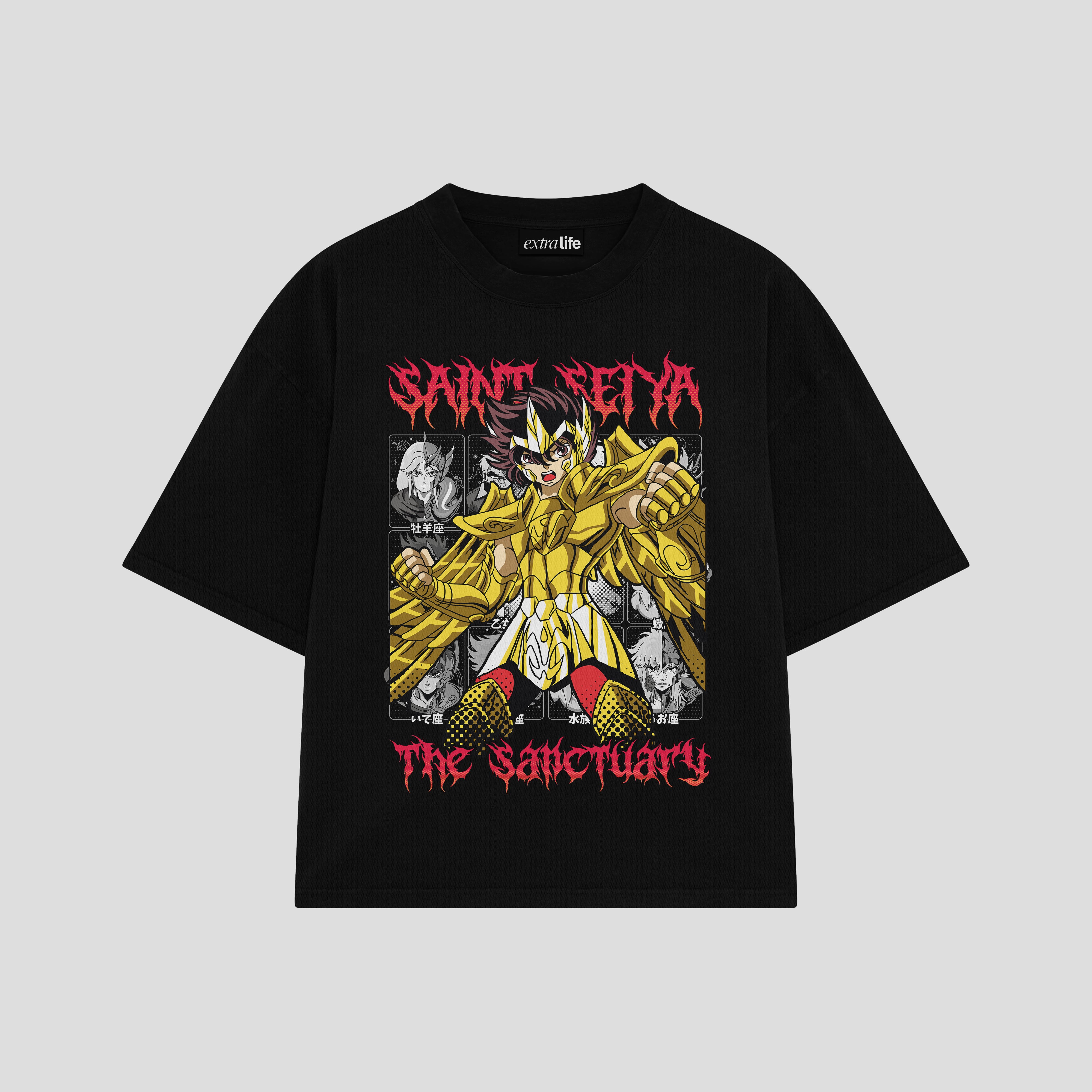 Playera streetwear premium de anime y gaming ExtraLife MX, corte boxy oversized drop shoulder heavyweight en color Deep Black y Off-White, moda urbana mexicana de culto.